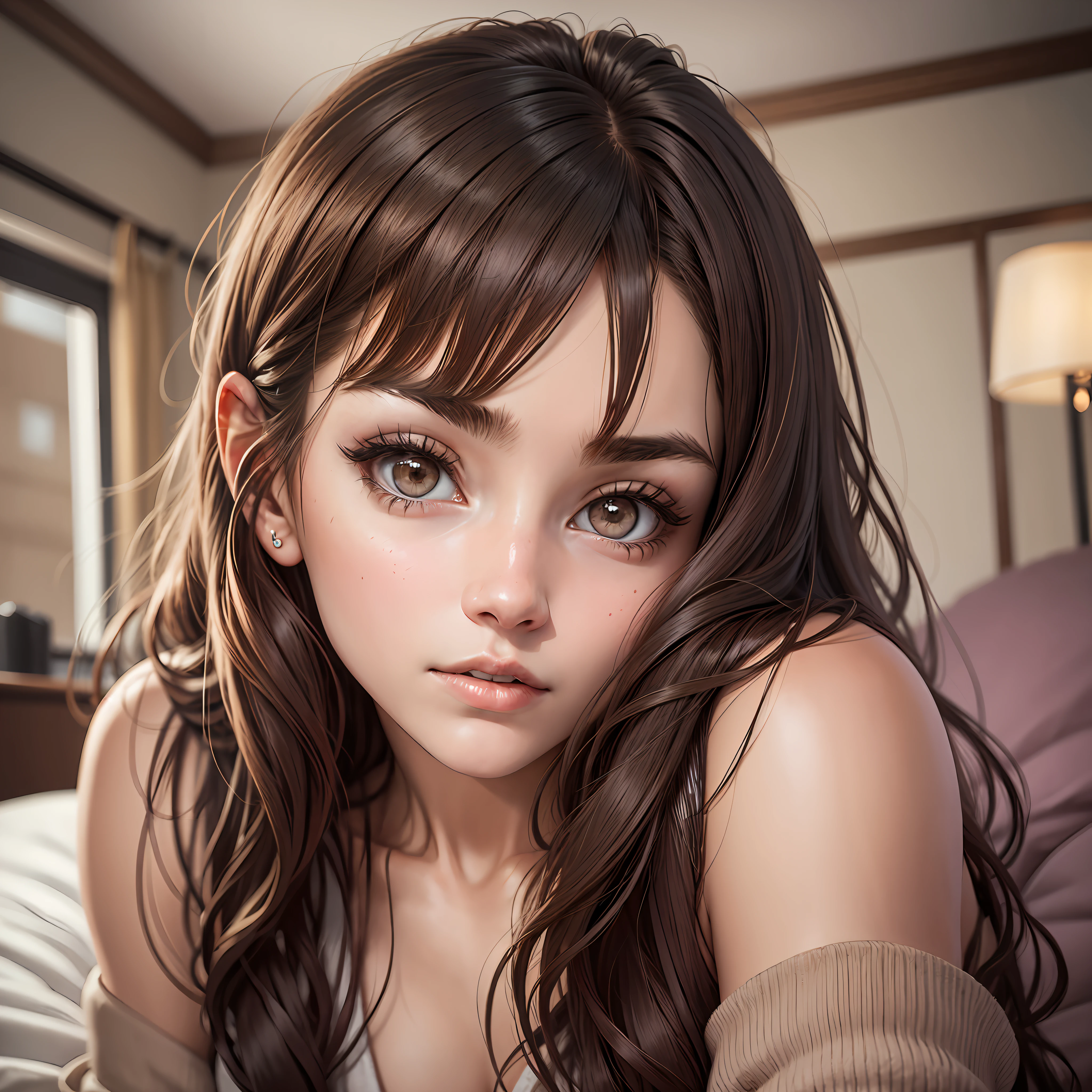 Face of 20 year old woman, looking at me on bed, dark bronze hair, eyes that seem to suck in --auto --s2