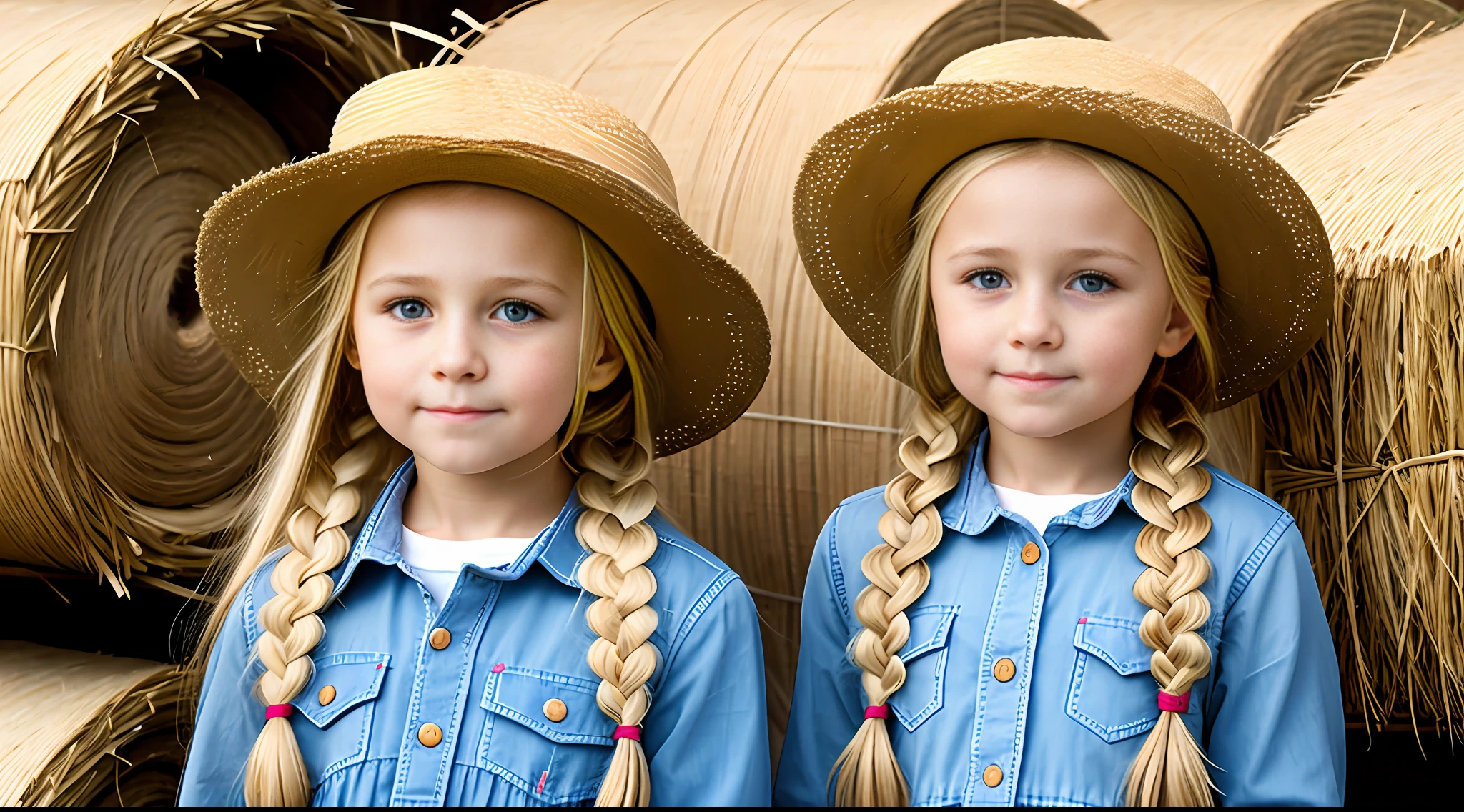 Russian style, children girl, portrait, long blonde hair of braids with hat, farmer style, with hay and wheat rolls and horse, barns.
