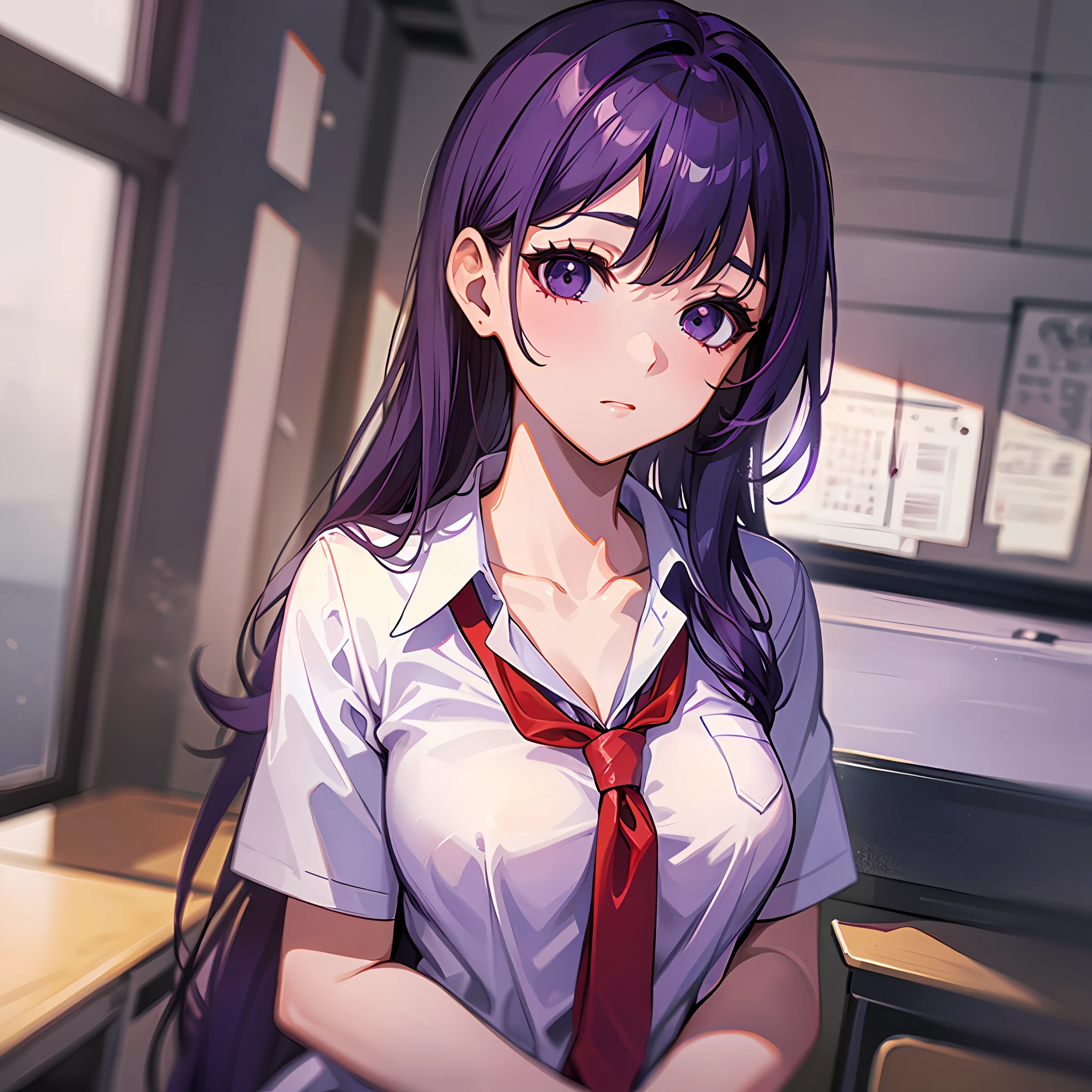 Woman, medium breasts, high school clothes, inside the classroom, purple hair, black eyes