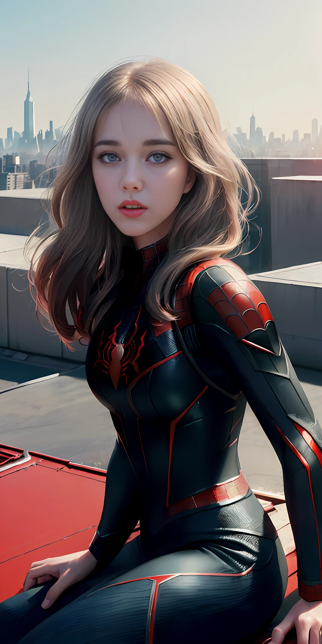 (1girl:1.3), Solo, (((Very detailed face Kate Perry)))), ((Very detailed eyes and face)))), Beautiful detail eyes, Body parts__, Official art, 8k unified wallpaper, Super detailed, beautiful and beautiful, beautiful, masterpiece, best quality, original, masterpiece, super thin photo, best quality, super high resolution, realistic realism, sunlight, full body portrait, amazing beauty, dynamic pose, delicate face, vibrant eyes, (from the front), She wears Spider-Man suit, red and black color scheme, spider, very detailed city roof background, roof, with city view, detailed face, detailed complex busy background, messy, gorgeous, milky white, highly detailed skin, realistic skin details, visible pores, clear focus, volumetric mist, 8k uhd, DSLR, high quality, film grain, light skin, photographic realism, lomography, futuristic dystopian megalopolis, translucent