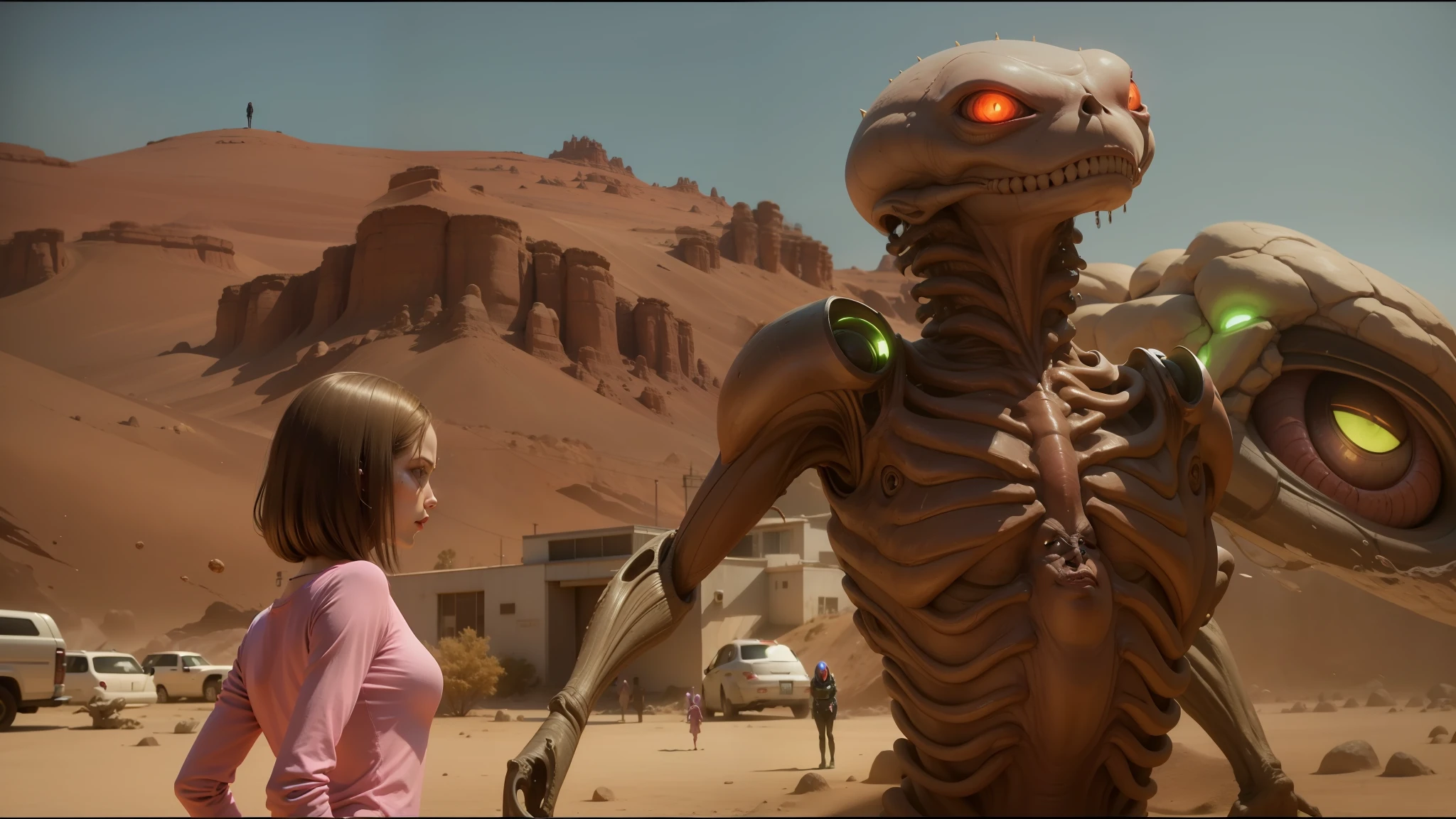 arafed alien with glowing eyes and a woman in pink shirt, movie still of the alien girl, angry female alien, mars attacks, grotesque large alien, alien man with alien woman, gross alien, still from the movie sharknado, when mars attacks, movie still of a alien cyborg, epic science fiction horror, female alien, still image from tv series --auto --s2