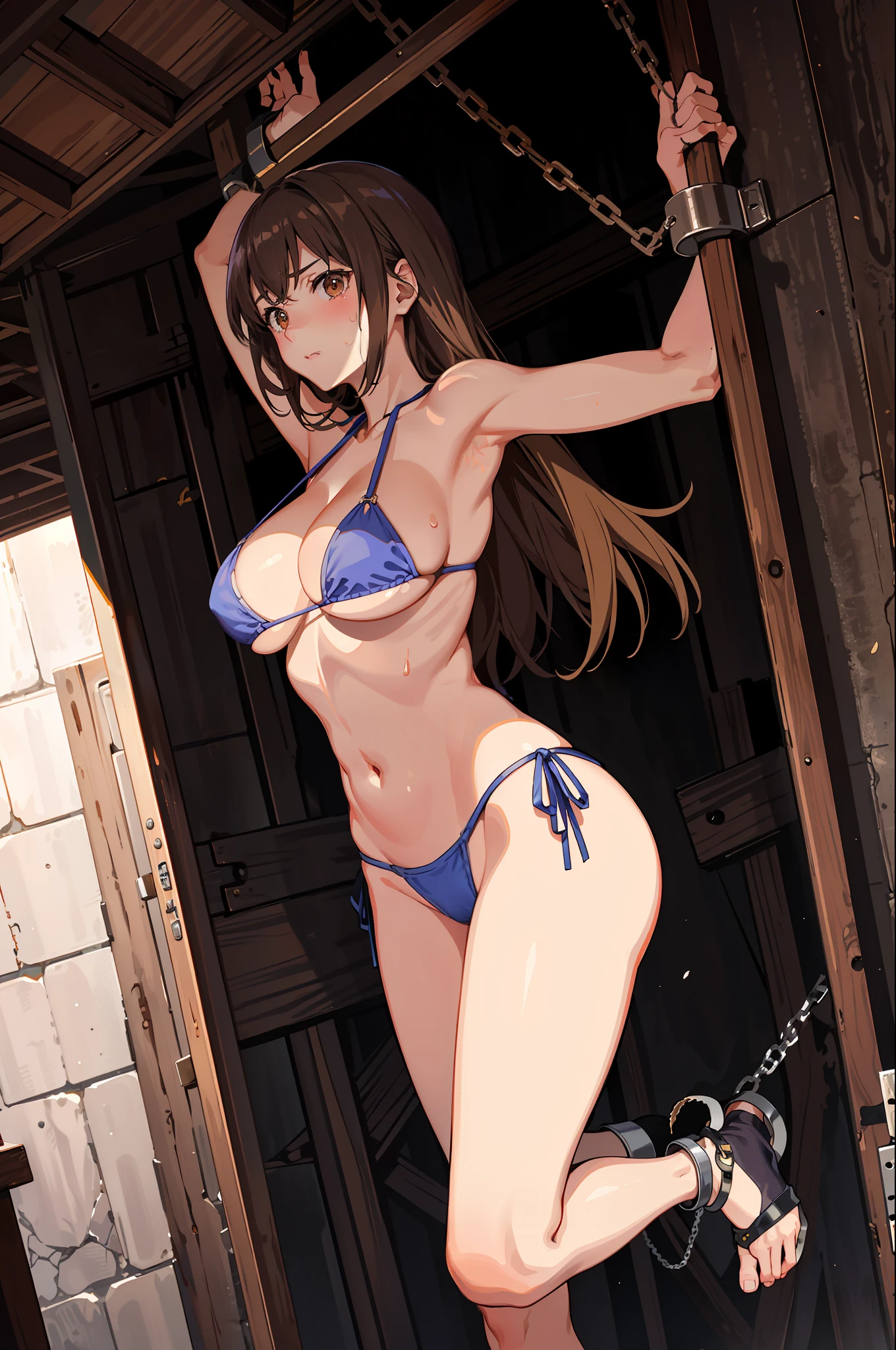 arms back, restrained, leaning forward, (masterpiece, premium quality: 1.2), she, borrowing, 1 girl (Chizuru Mizuhara), brown-haired semi-long hair, brown eyes, anxious face, looking at the camera, in a dark basement, cobblestones with an eerie cold atmosphere, large, ((wearing torn medieval full-body bikini armor))), sexy white shiny big, large cleavage, copious sweat on the body, blush, hollow in the chest, tied back with a rope, legs open, legs open, chained, large, hands chained, shackled, shackled, slave collars, chains around the neck, dark fantasy, open legs, M-shaped open legs, tied behind the hands with ropes, silver chains, open legs, legs spread, hung with chains, pulled up by chains, crotch open, big, trying to spill out of the costume. Restraint, slave, collar, contempt, medieval bikini armor, tears, mature adult, charm, obedience, shiny skin, shiny, (sweaty: 1.3), exhausted,