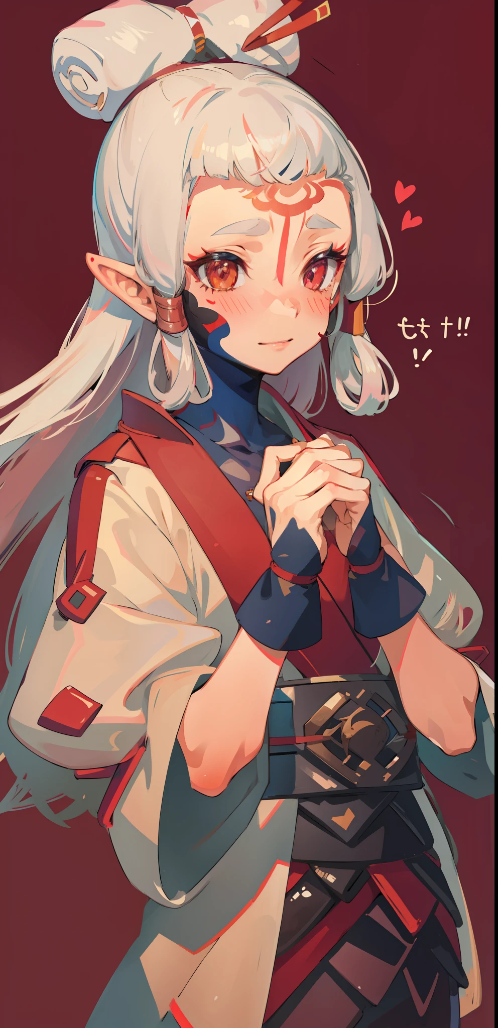 ((masterpiece)), (best quality), (detailed), 1girl, paya, long white hair, pointy ears, facial mark, blushing