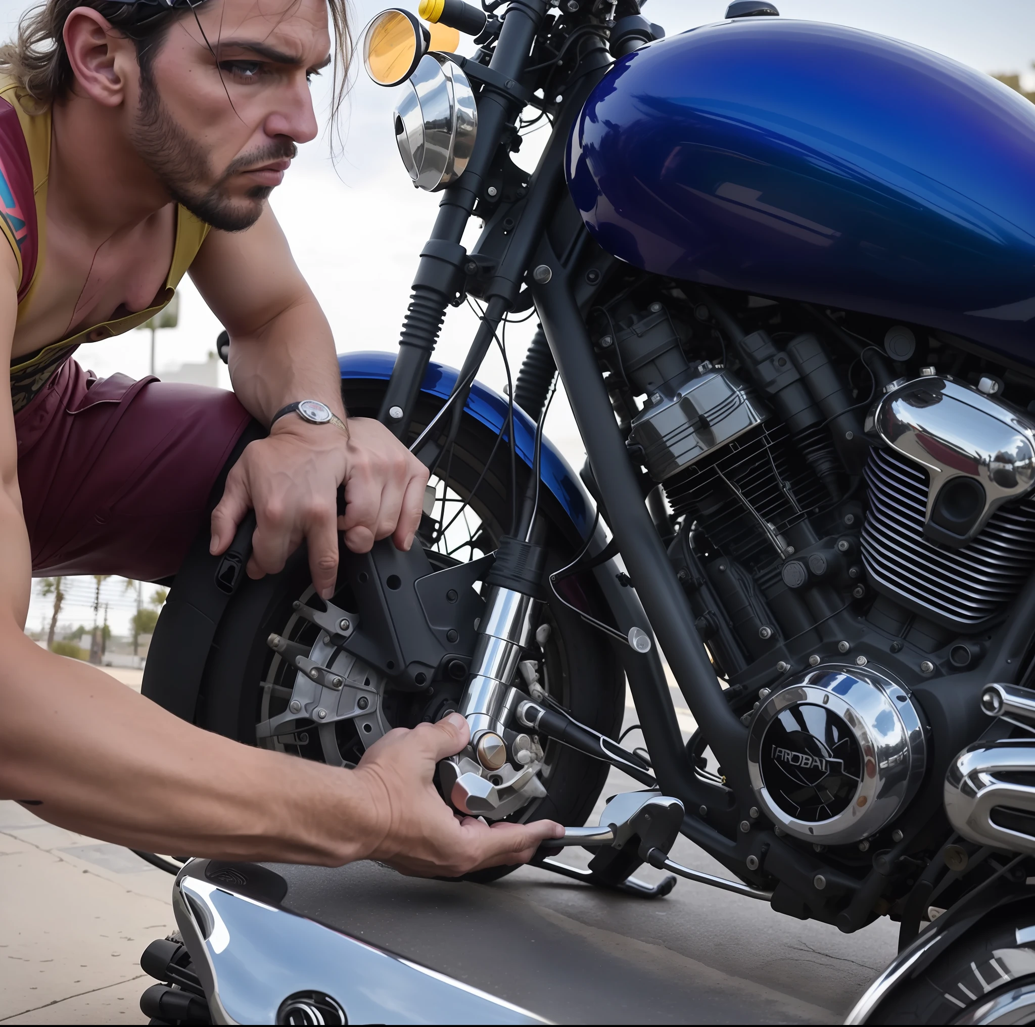 there is a man that is sitting on the ground next to a motorcycle, motorcycle, by Nándor Katona, motorcycles, 🤬 🤮 💕 🎀, biker, hyper realist, by david rubín, airbrushing, inking, headlight washer, airbrush, hyper realistic, lucas graziano, riding a motorcycle, cafe racer, color airbrush