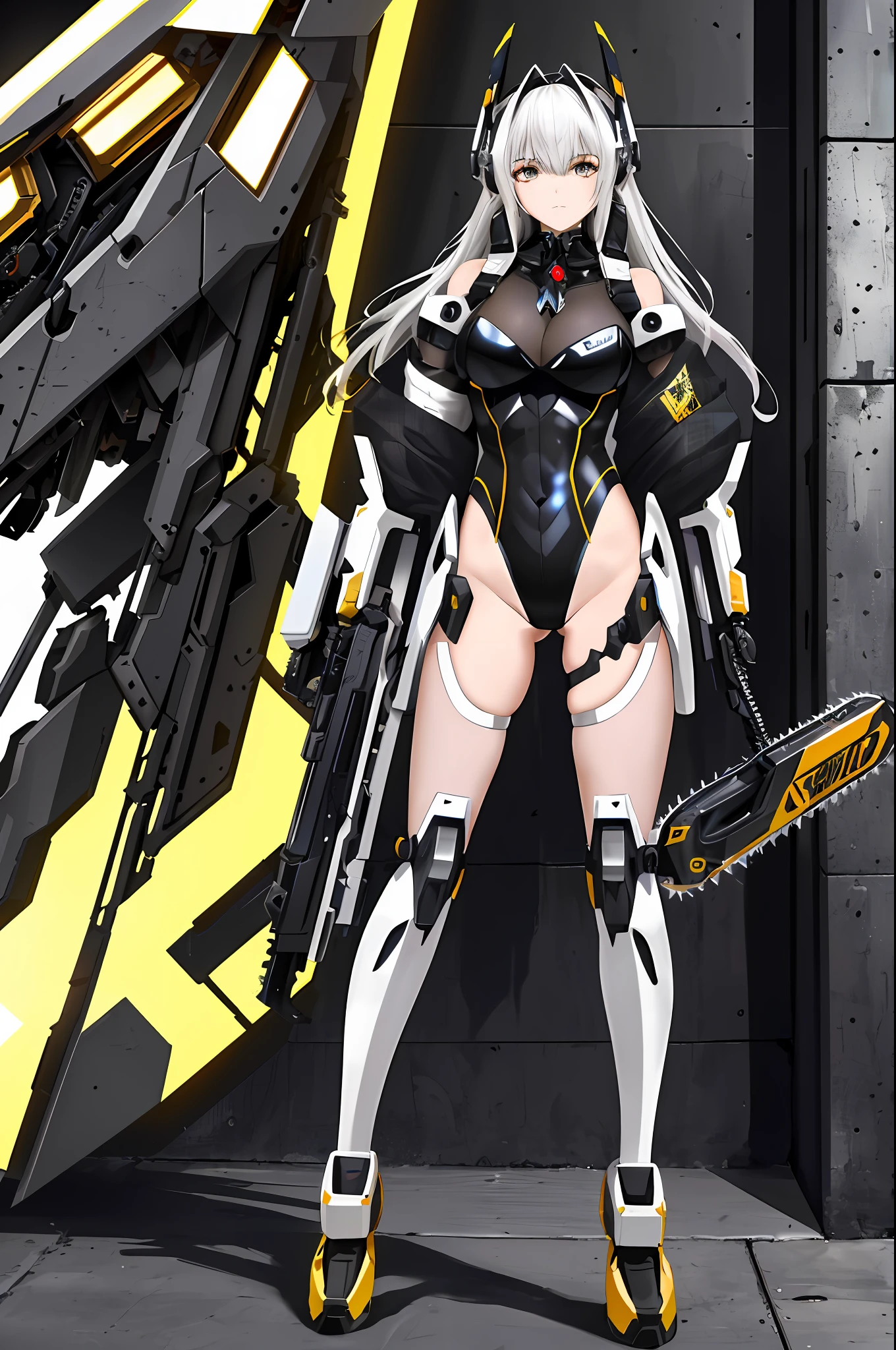 Absurd, very precise details, highly detailed 8K wallpaper, (transcendental beauty gril: 1.5), break, machine leotard, machine limbs, machine ears, joints covered with mesh material, headgear, huge cool chainsaw in hand, huge and cool weapon machine, mecha, mechanism, machine, open stance,