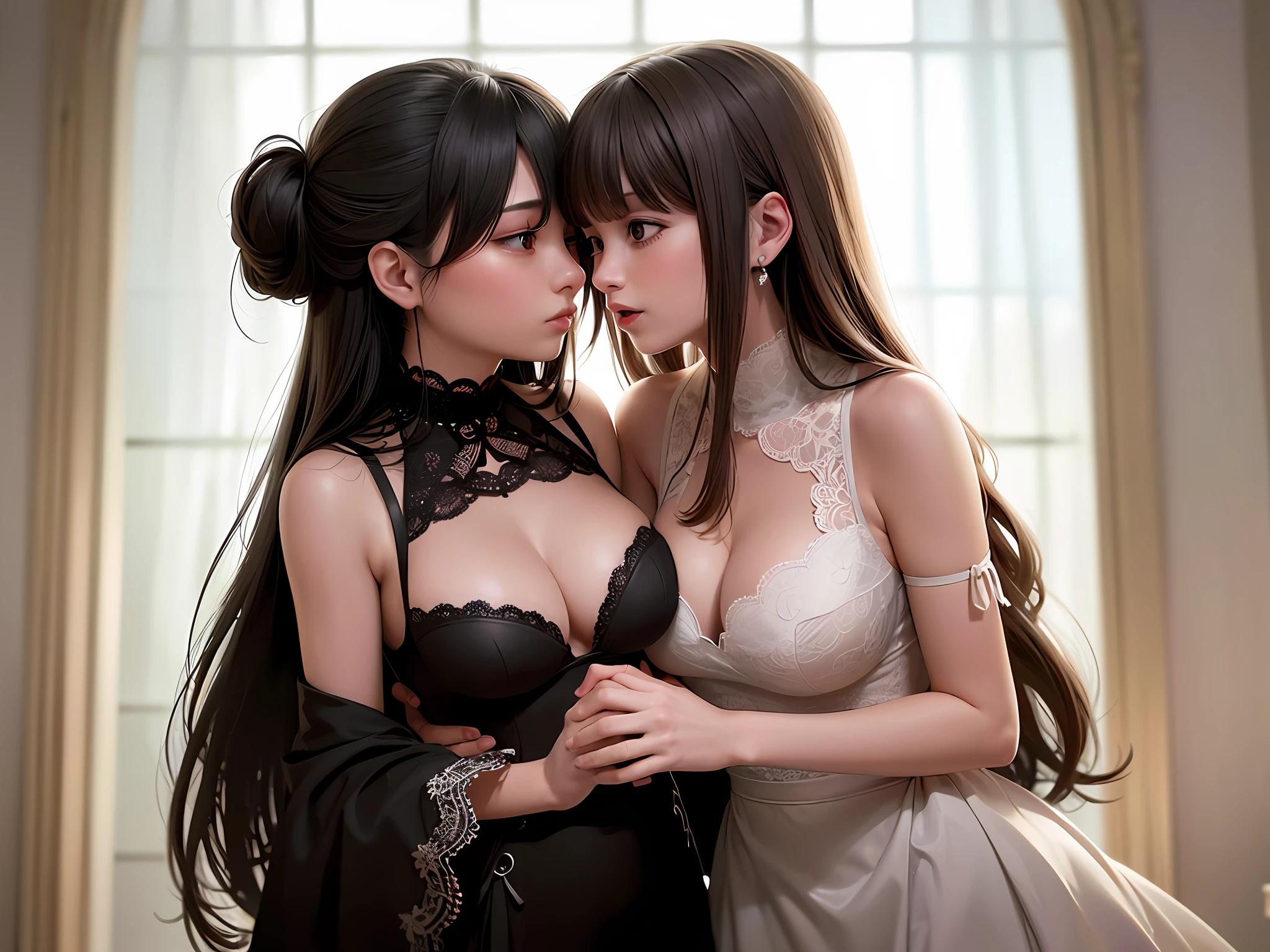 The two girls hugged each other. Kiss each other face to face. Grasp each other's breasts with your hands. perfect body, {{}}, {perfect body}, {delicate face}, {{{best quality}}}, {{super detailed}}, {{masterpiece}}, {{best quality}}}, {{super detailed}}, {{illustration}}, {{messy hair}}}, {{messy hair}}}, clear areola, black lace, realism, realism, neorealism, octane rendering, corona rendering, UE4, high detail, Super High Quality, High Resolution, 8K Trend in Art Station, HD, Hyper-Realism, Telephoto Lens, Chest Lens (MCU), First Person View, Film Lighting, -Imagine-
