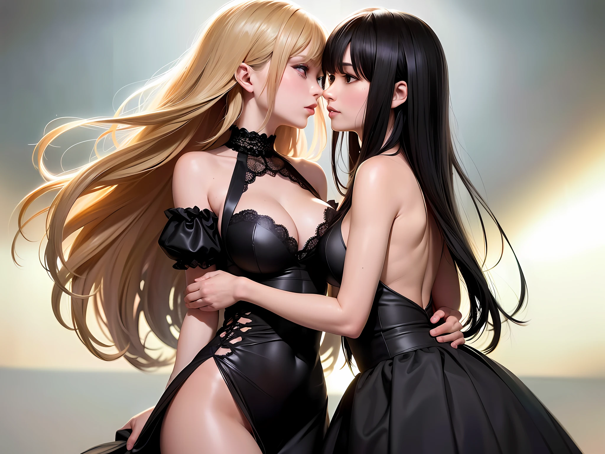 The two girls hugged each other. Kiss each other face to face. Grasp each other's breasts with your hands. perfect body, {{}}, {perfect body}, {delicate face}, {{{best quality}}}, {{super detailed}}, {{masterpiece}}, {{best quality}}}, {{super detailed}}, {{illustration}}, {{messy hair}}}, {{messy hair}}}, clear areola, black lace, realism, realism, neorealism, octane rendering, corona rendering, UE4, high detail, Super High Quality, High Resolution, 8K Trend in Art Station, HD, Hyper-Realism, Telephoto Lens, Chest Lens (MCU), First Person View, Film Lighting, -Imagine-