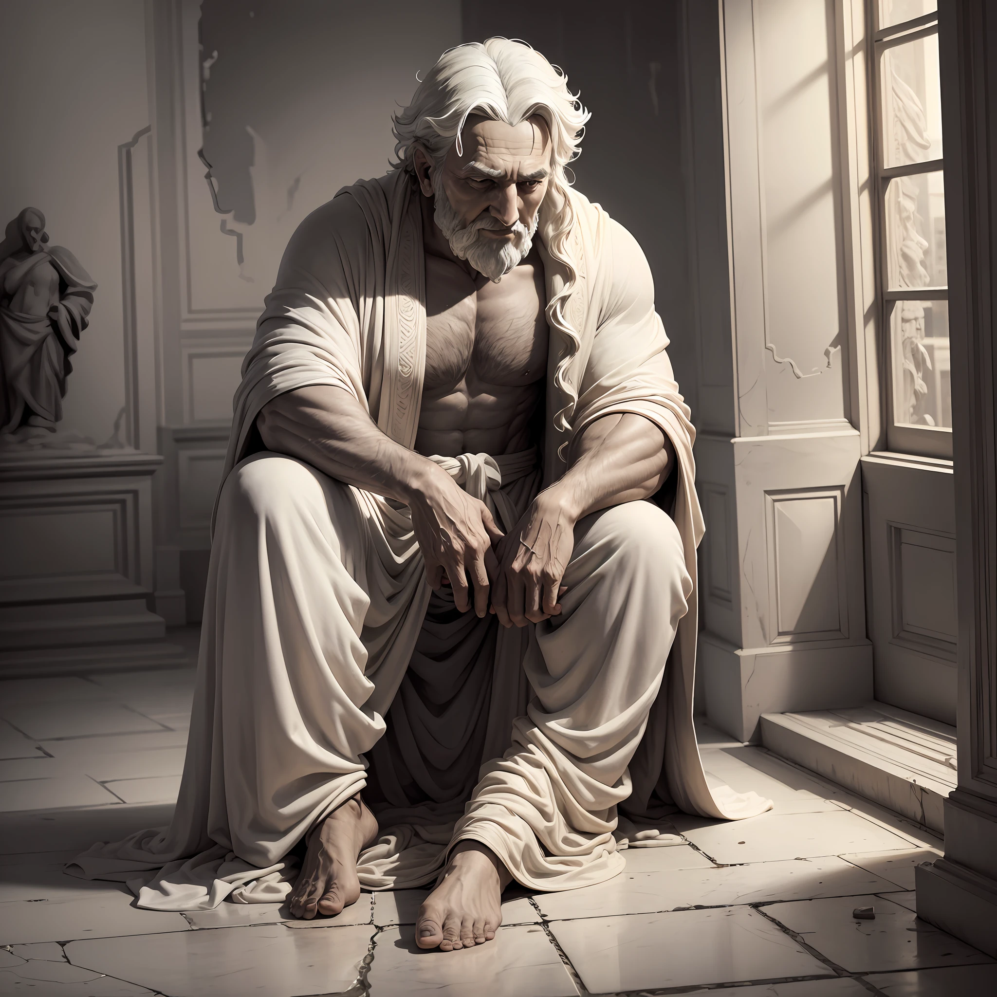 A hyper-realistic marble statue of a man wearing a robe, both arms resting his hand on his waist, (((9/16 view))), very old and ancient dust, and his facial expressions demonstrate deep joy and overconfidence. Black background of the scenery, block on the floor broken and old, insane details, low contrast (((full body)))), (centered), the colors are muted and faded, to emphasize the seriousness of the scene --auto --s2