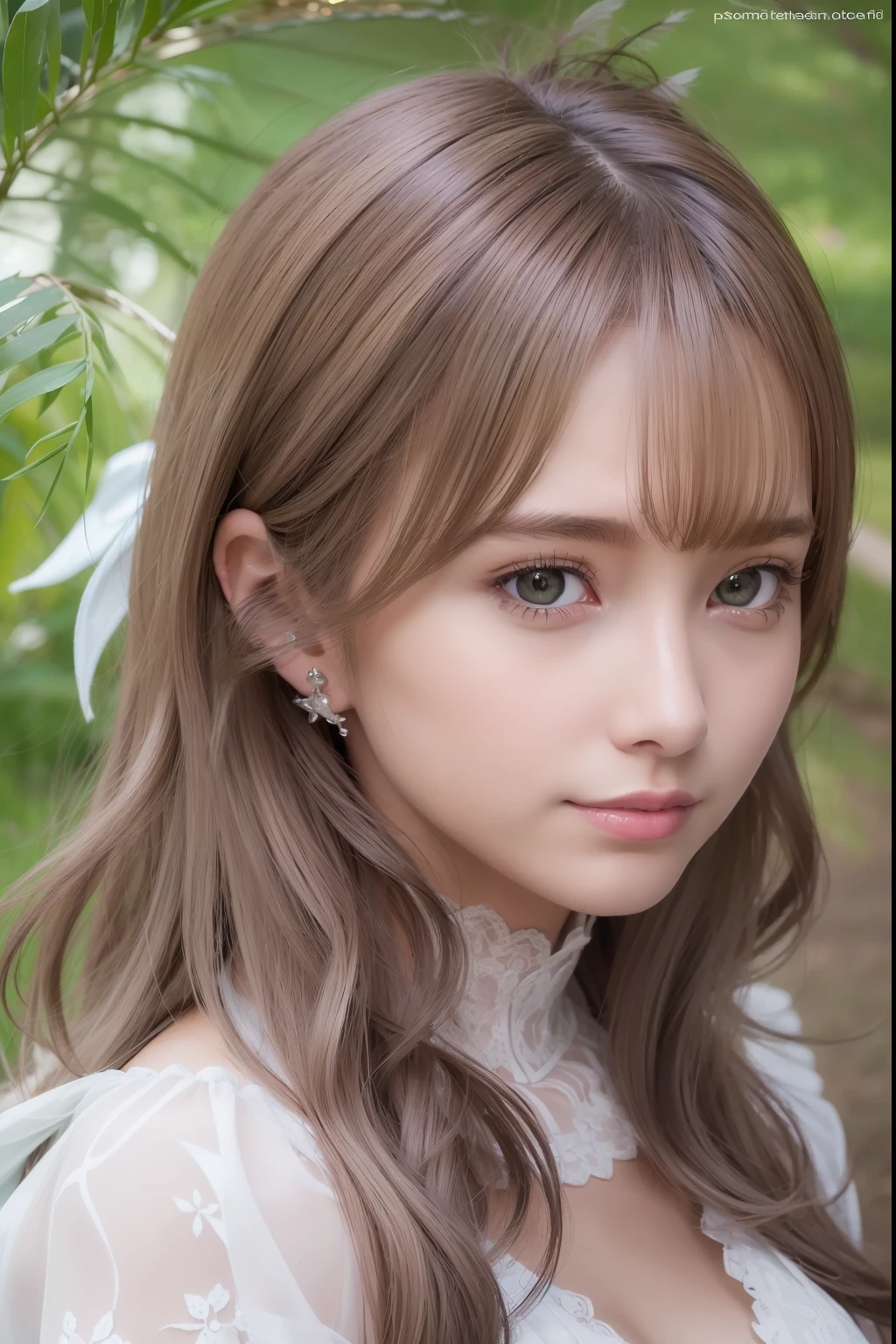 ((Best Quality:1.2, 8k, photo realistic:1.4, Masterpiece, back Lighting, caustics, Ultimate pretty Girl, Highly Detailed beautiful Textures, detailed beauty makeup:1.2, realistic skin, detailed deep eyes, detailed bangs)), medium breast, (canal background), ((white Fairy costume )), (hair ornament), (naughty smile), (detailed brilliant brown and silver two-tone wavy medium hair), ((round face)), (head tilt), from above , (wind)