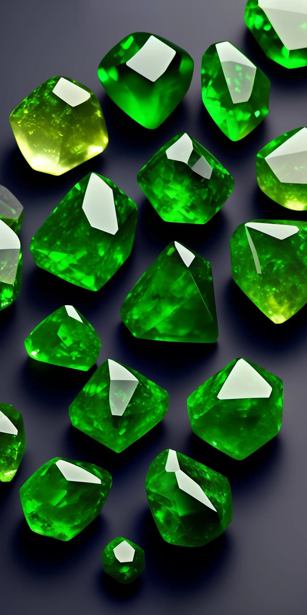 Six small yellow and green emerald stones are carefully surrounded by high quality on a dark background