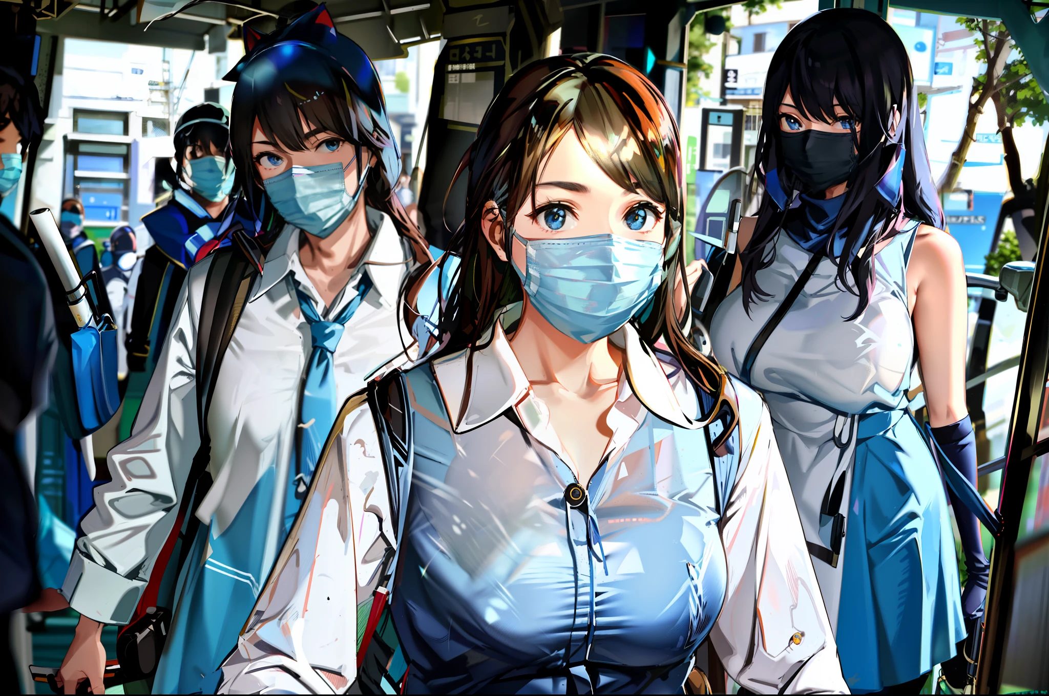 araffe wearing a blue mask walking down a street with other people, surgical mask covering mouth, people are wearing masks, wearing facemask, wearing facemask and sunglasses, wearing mask, some of them use gask mask, wearing a mask, toxic air, particulate, no face mask, wearing transparent glass mask, dust mask, medical mask