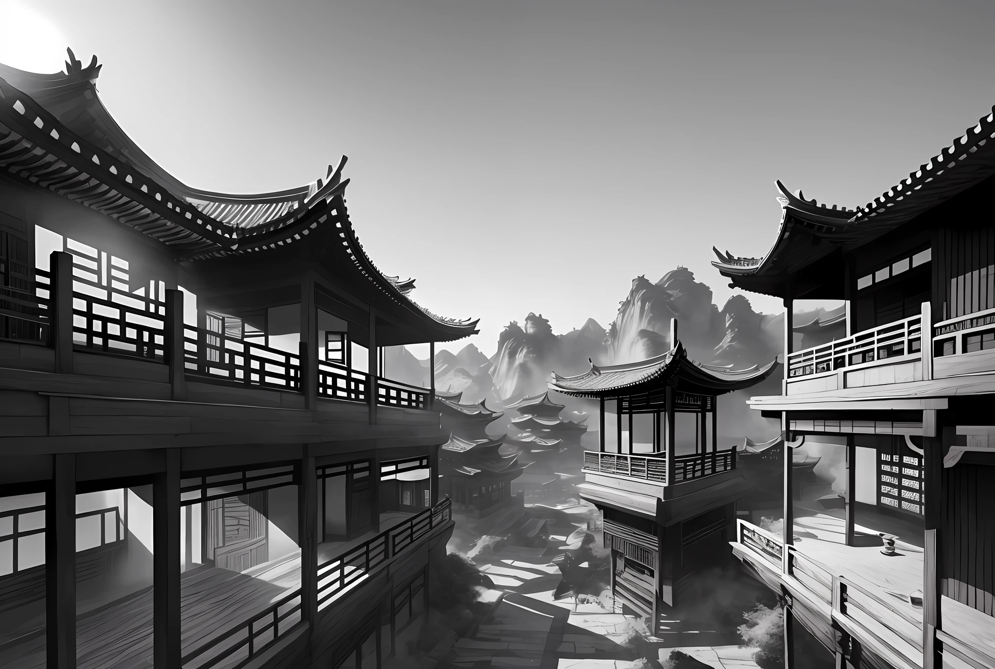 Chinese loft landscape, ink painting, color monotone, cool tone, martial arts movie story style, highly detailed, dynamic, epic realistic, realistic lighting and shadows, inspired by Jin Yong, vibrant, 8k, Octane rendering, Unreal Engine, Very Detailed, Realistic, Cry Engine, Masterpiece, Best Quality --v 6