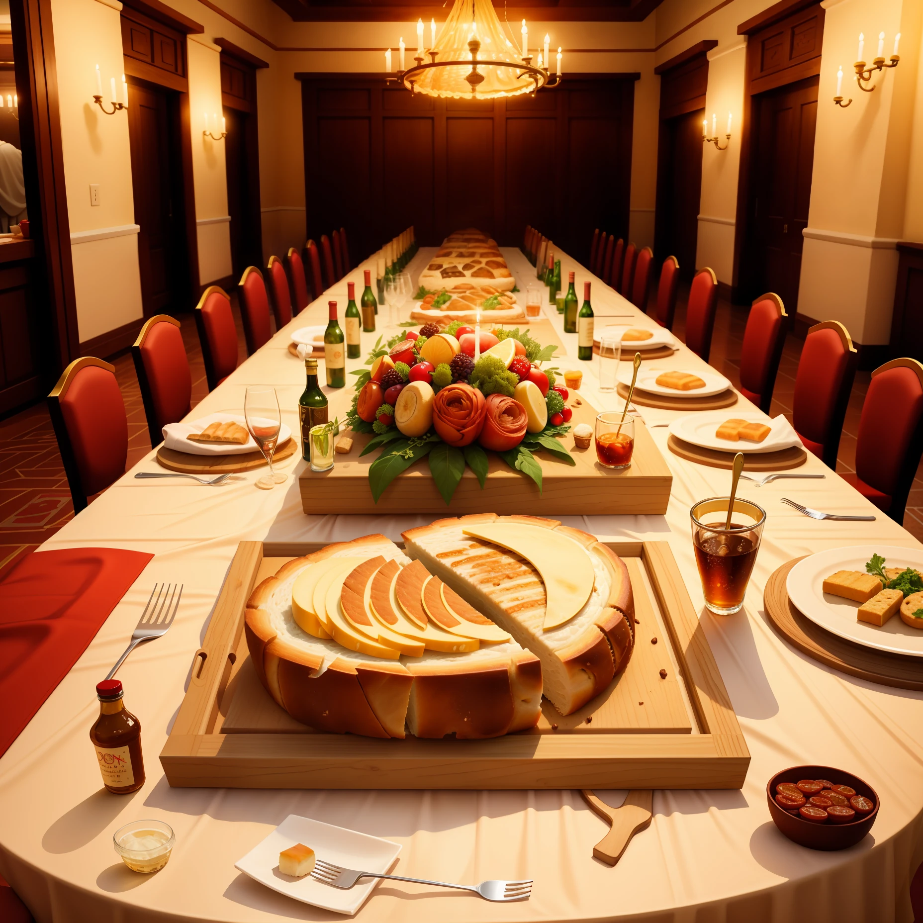 Portrait of the last supper of Jesus Christ with the apostles, Jesus in the center sharing bread, plentiful table