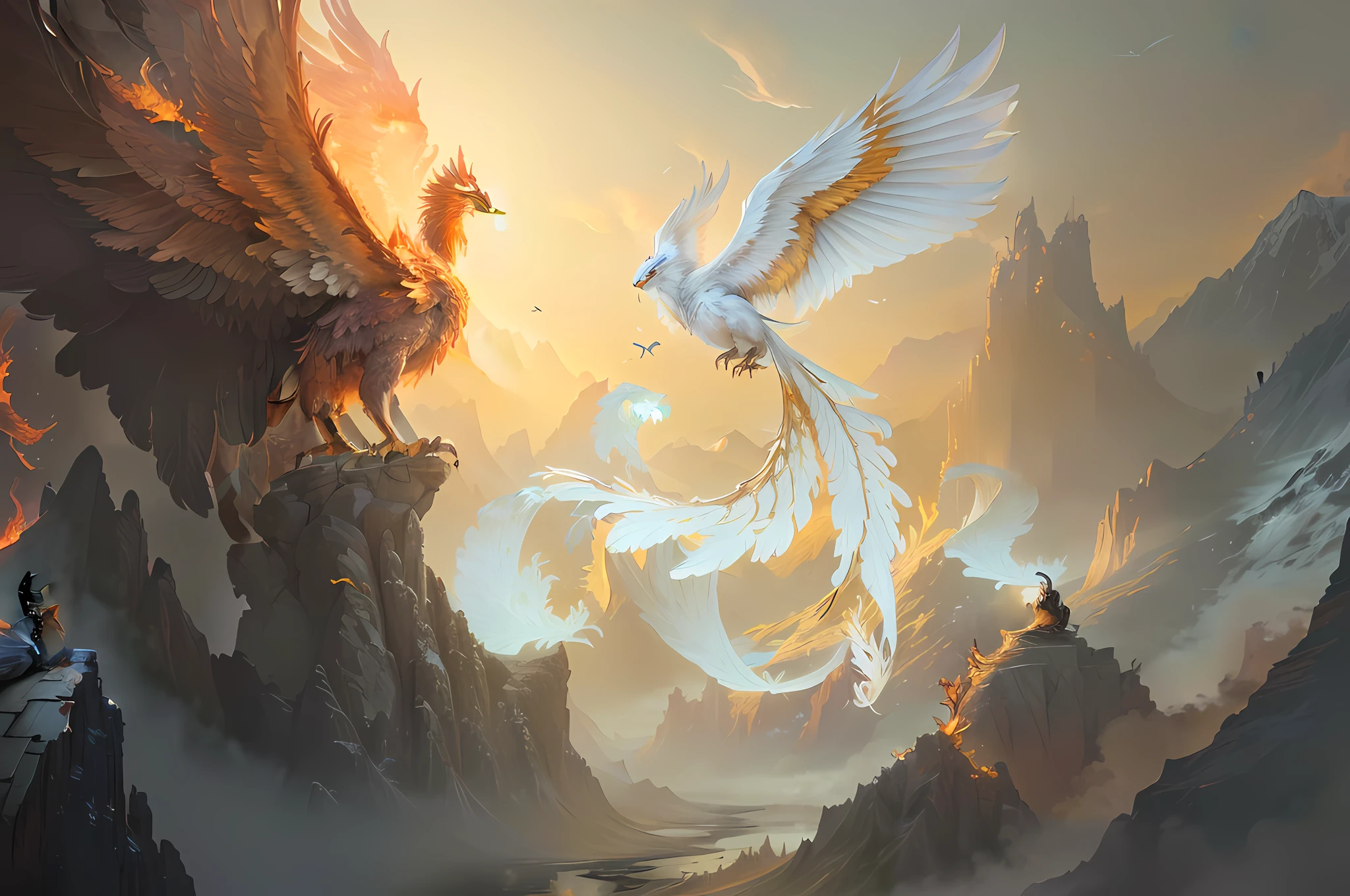 There is a bird flying over the mountains, Yang J, 4k highly detailed digital art, "Phoenix resting, wallpaper of flames around the wings, highly detailed fantasy art, artwork of the phoenix, beautiful digital artwork, detailed fantasy digital art," Phoenix wallpaper, reborn from the ashes, wings with flames, Huang Shen, Beyard Wu, inspired by Ma Yuan, D&D fantasy digital art, phoenix fantasy, phoenix concept art, giant bird, flying, phoenix art, legendary phoenix, oil painting of phoenix, photography grade, CG, 8K
