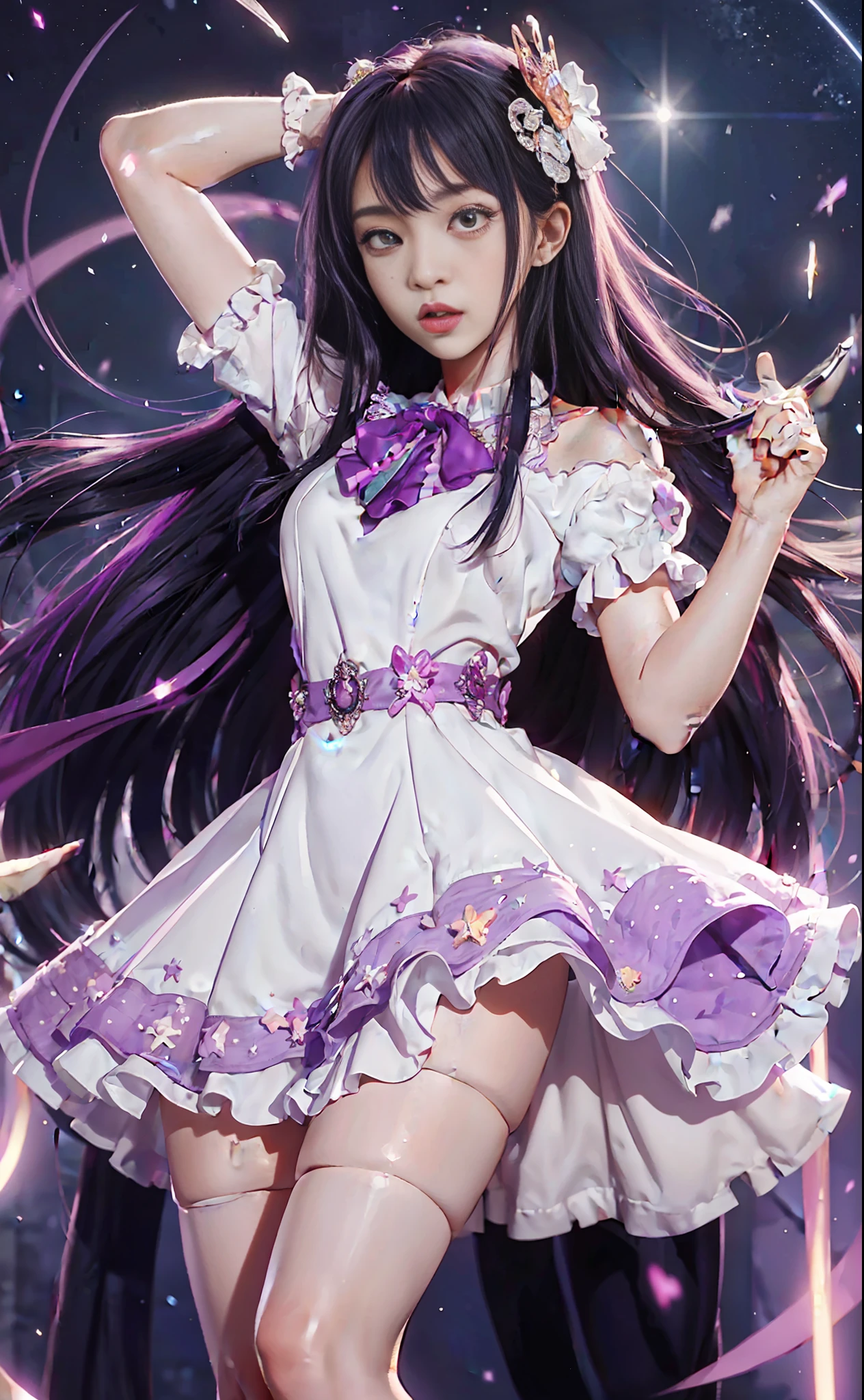 (1 girl: 0.6) Ai Hoshino, girl with long hair holding a magic wand and purple dress, purple albedo, anime moe art style, (movie quality: 0.3), anime girl, singer, purple eyes, magical girl, zero sauce art, magical girl anime real hou shoujo, white shirt, purple long hair, (bare legs), (stars), (delicate facial features: 0.6), head decoration, (delicate hands: 0.9), white dress, (big eyes: 0.5), singing, WeChat