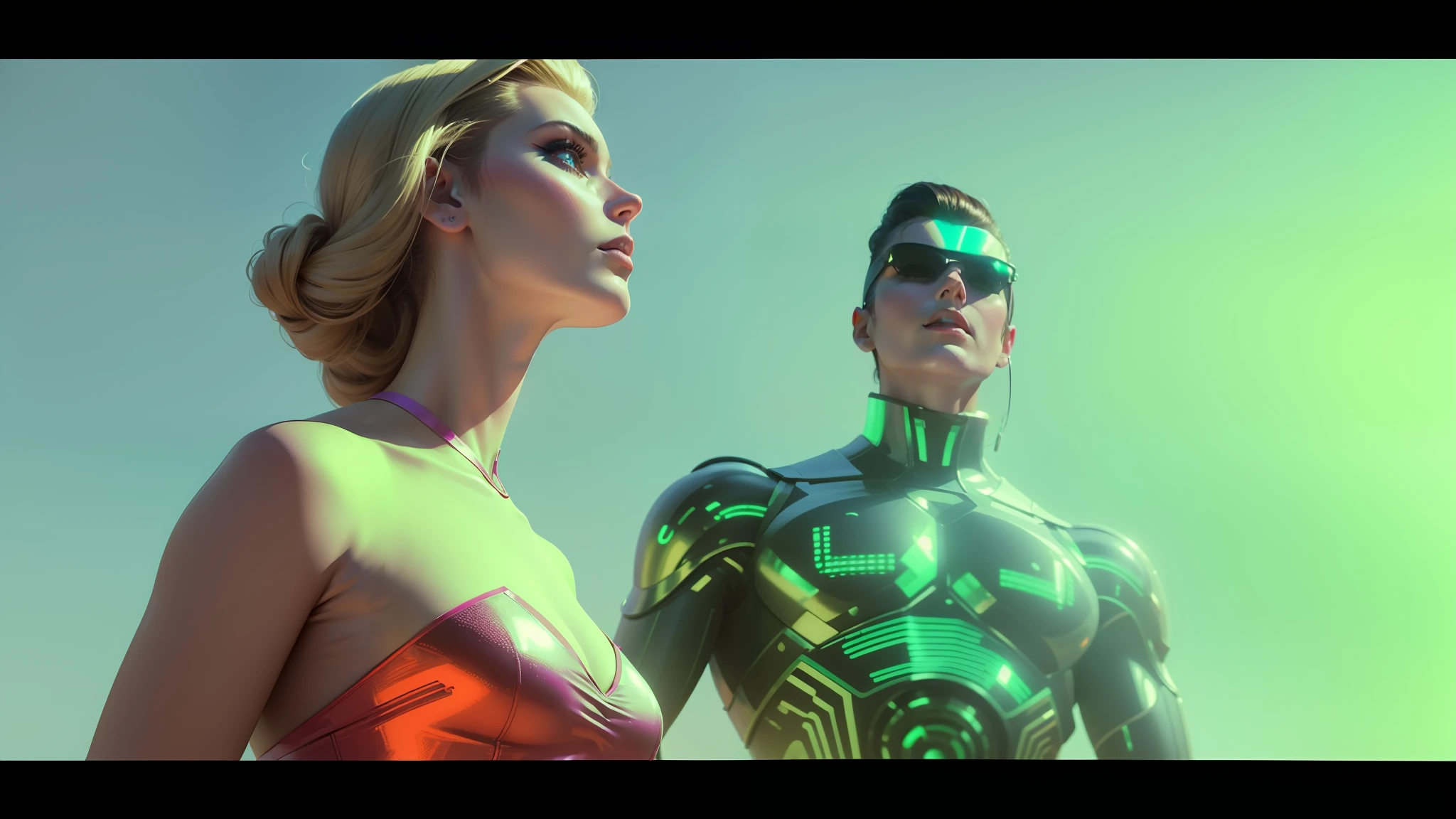 a close up of a woman standing next to a man in a body suit, style = retro-futurism, synthwave neon retrofuturism, synthwave image, still from a music video, cinematic. futurism, retrofuturism sci - fi old movie, retro futurist style, ((synthwave)), retro futurism style, as a retro futuristic heroine, retro futuristic fashion --auto --s2