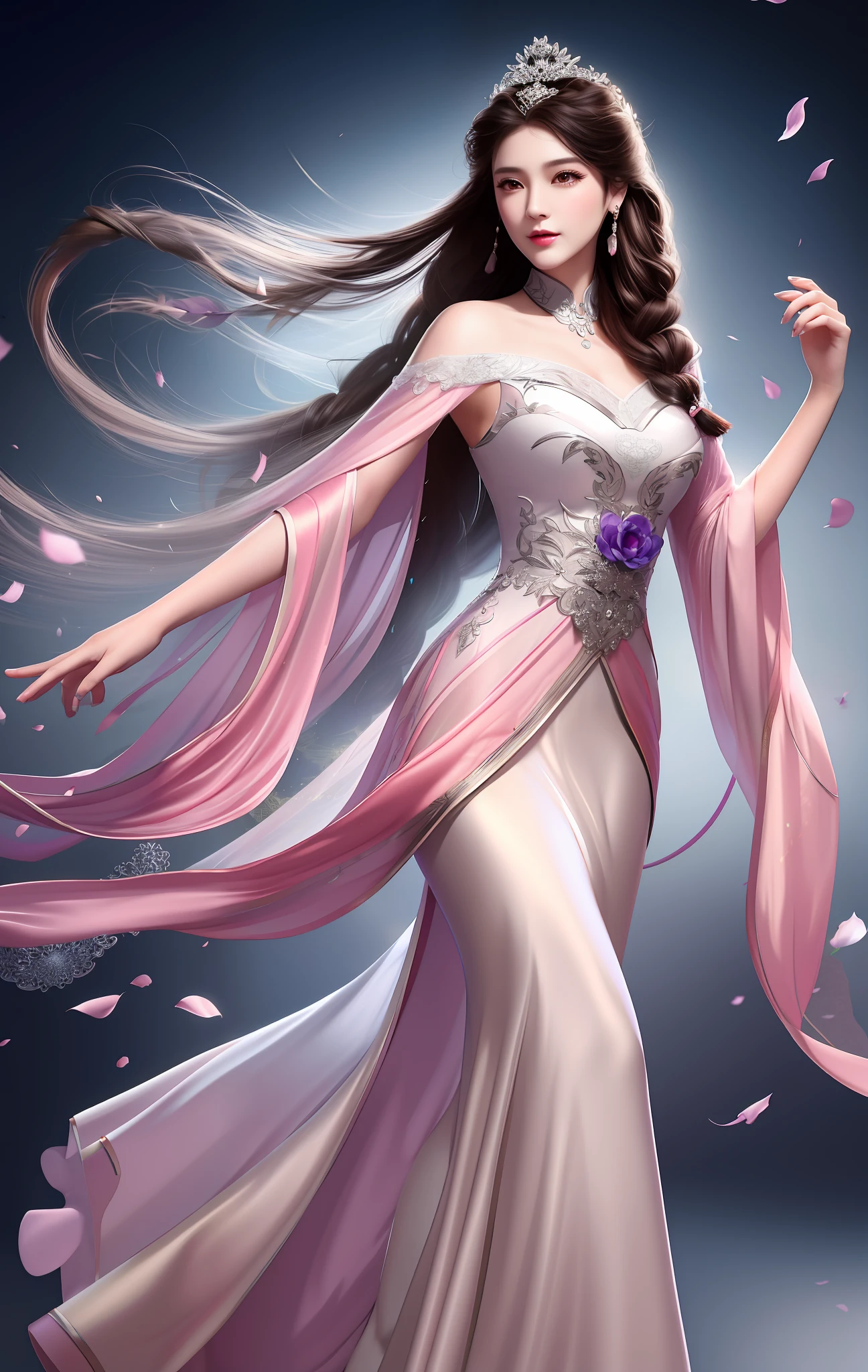 best quality, masterpiece,most of the body,(background:Garden),Hong Kong singer and actress, full body , foot , dancer, dark brown hair, dark hair, princess cut, a Fried Dough Twists braid, coiled hair, double ball head,Coiled hair,streamers, light pink lips, calm, intellectual,Purple eyes, tassels, silver thread, beads,peony flowers, gowns, capes, silk skirts, embroidery, fine face, facial close-up,Light-colored clothes,Beautiful face,photorealistic, rim lighting, two tone lighting,(high detailed skin:1.2), 8k uhd, dslr,soft lighting, high quality, Photograph, high resolution, 4k, 8k, Bokeh