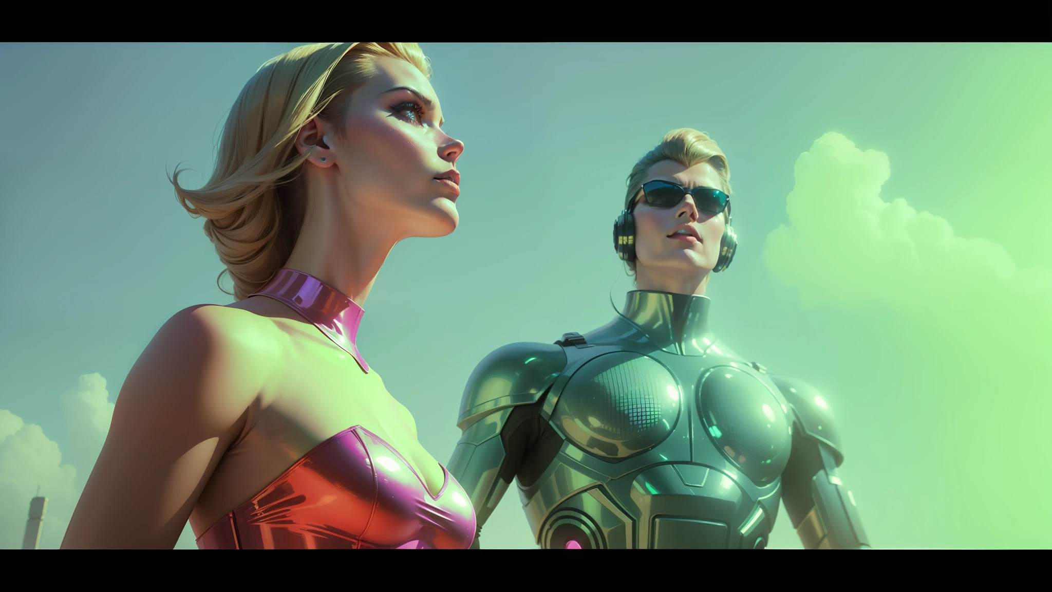 a close up of a woman standing next to a man in a body suit, style = retro-futurism, synthwave neon retrofuturism, synthwave image, still from a music video, cinematic. futurism, retrofuturism sci - fi old movie, retro futurist style, ((synthwave)), retro futurism style, as a retro futuristic heroine, retro futuristic fashion --auto --s2