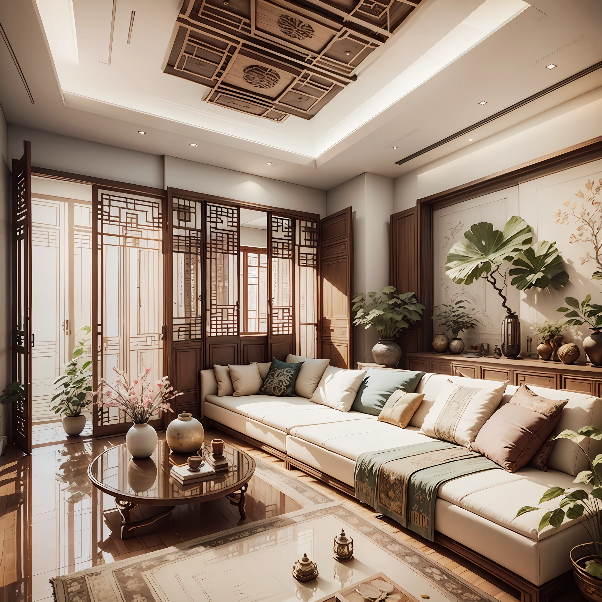 Interior design corridor floor plan, Southeast Asian style decoration, multi-angle display, 3d rendering, comfortable interior lighting, super detail, movies, furniture and windows in the evening, 8K --auto --s2