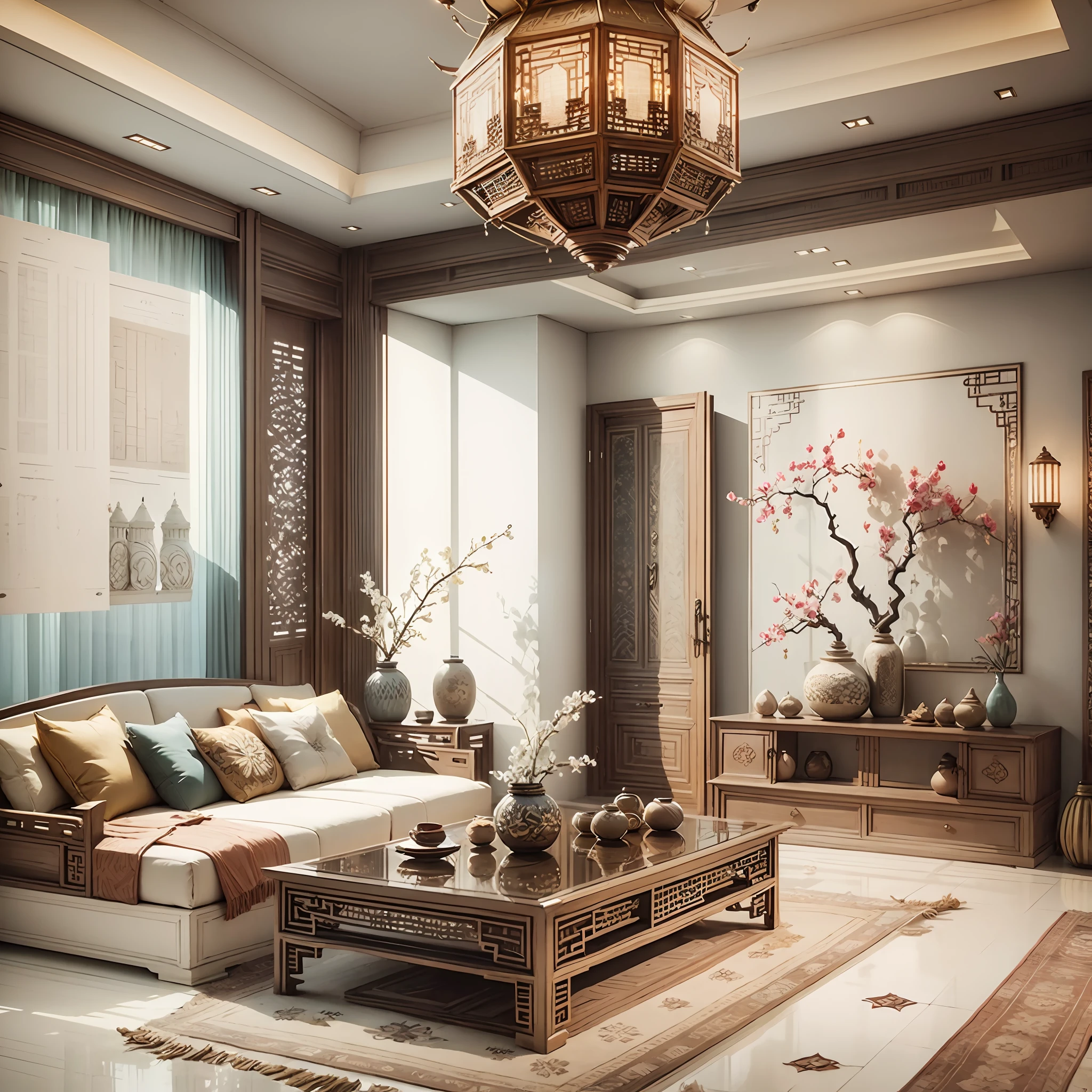 Interior design corridor floor plan, Southeast Asian style decoration, multi-angle display, 3d rendering, comfortable interior lighting, super detail, movies, furniture and windows in the evening, 8K --auto --s2