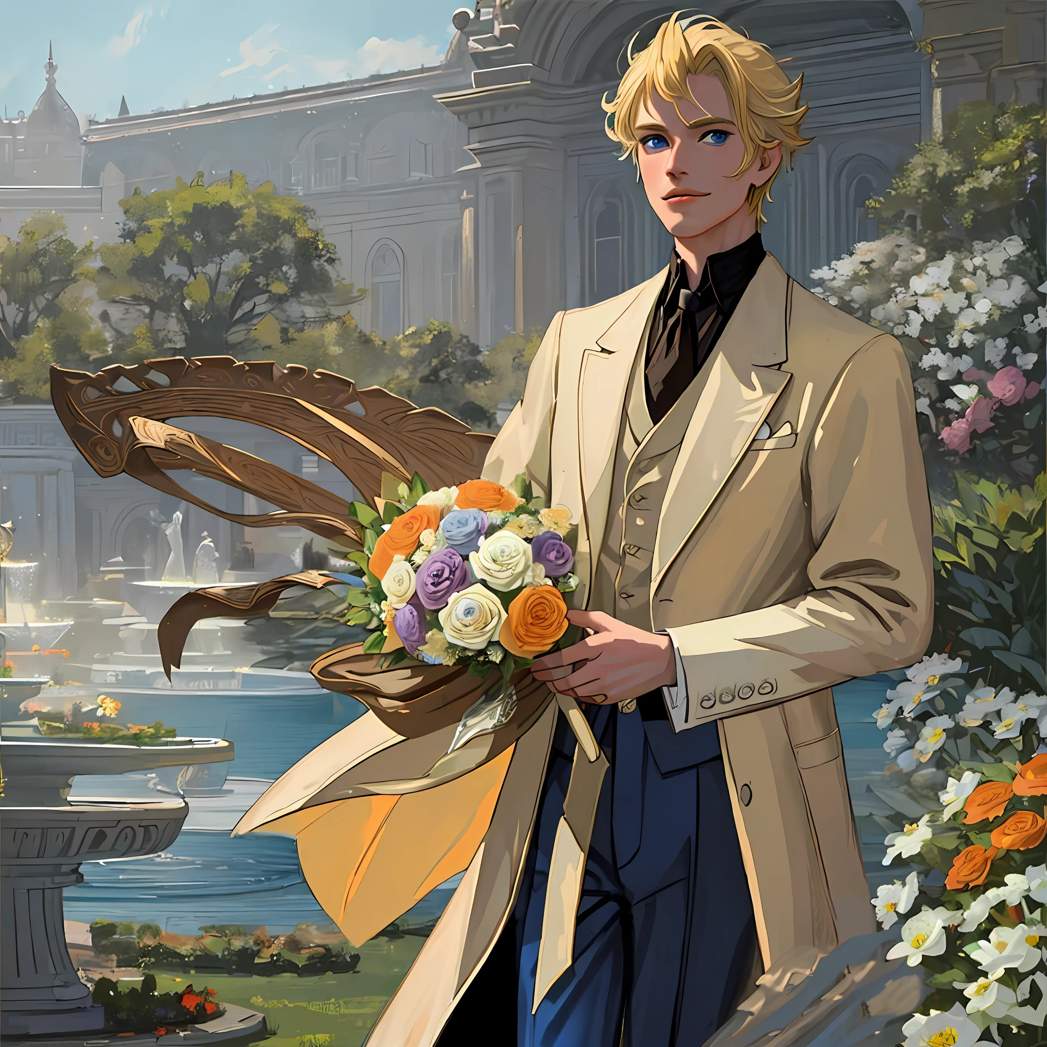 ((((masterpiece)))), (best quality), ((Hyper detailed)), ((High detail)), ((Exquisite detail)), (1 boy), (solo), (cowboy shot), (looking at viewer),((outside)), (((antique))), ((palace)), ((garden)), ((fountain)),
(flower), ((mature male)),((victorian outfit)), ((tall and muscular)), ((whiskermark)), uzumaki naruto, ((blonde hair)), detailed lips, (((prince))), ((blue eyes)), (nobility) ,  ((long pants)), smile, (((holding flower bouquet)))