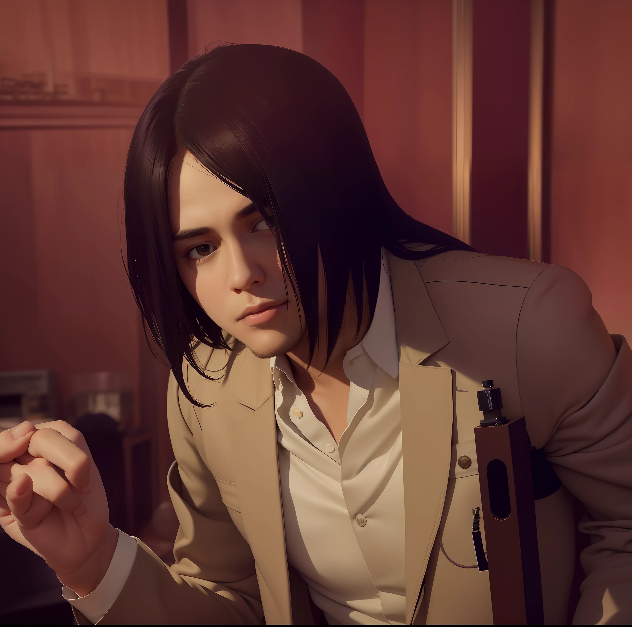 best quality, masterpiece, (realistic: 1.2), 1 man, Eren Jaeger, real life, live action, black jeans, black pants, brown hair, attack on Titan, long hair, abs, muscles, shirtless, sunset background, fitness, fit body, slim body, high definition, high quality, gigachad
