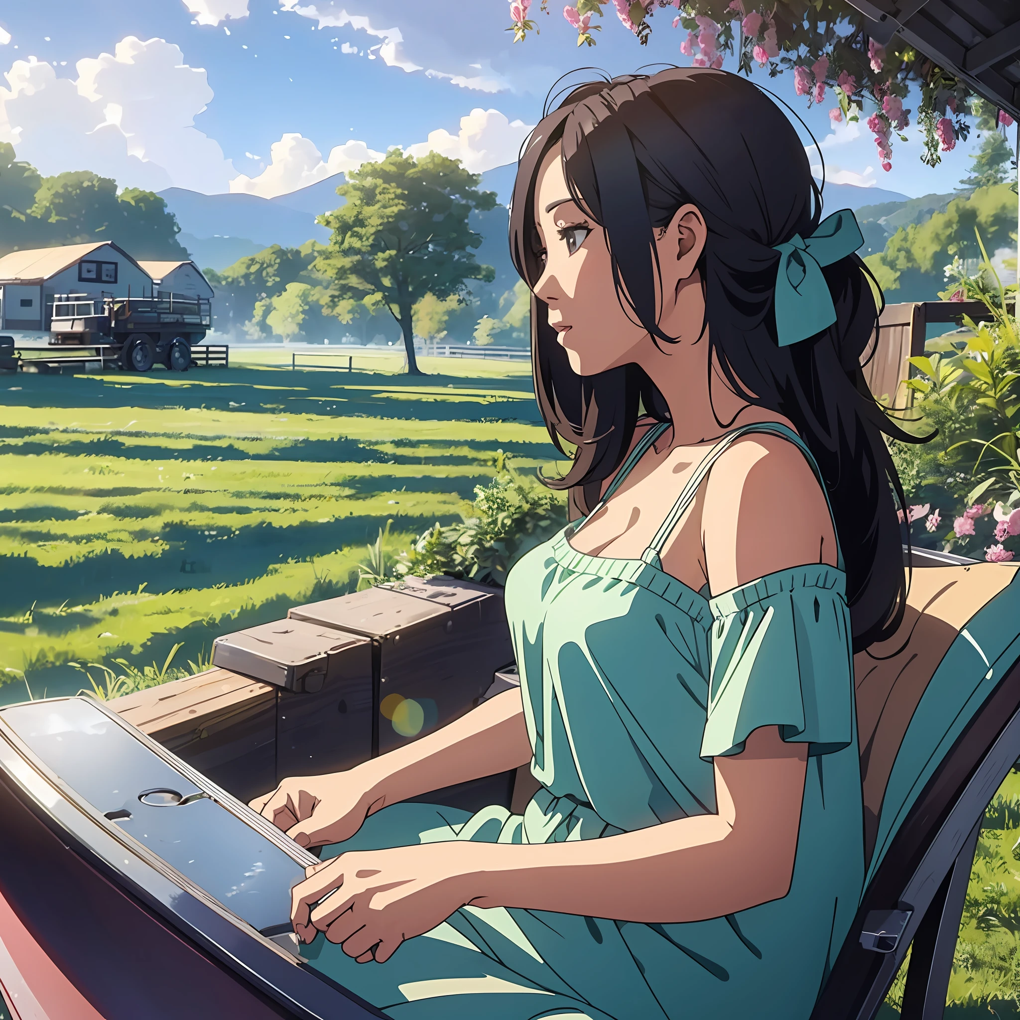 There is a woman sitting on the farm, sie boob, profile picture, sexy girl, high quality upload, 2 7 years old, asian girl, 2 8 years old, recliner, starry sky, --auto --s2