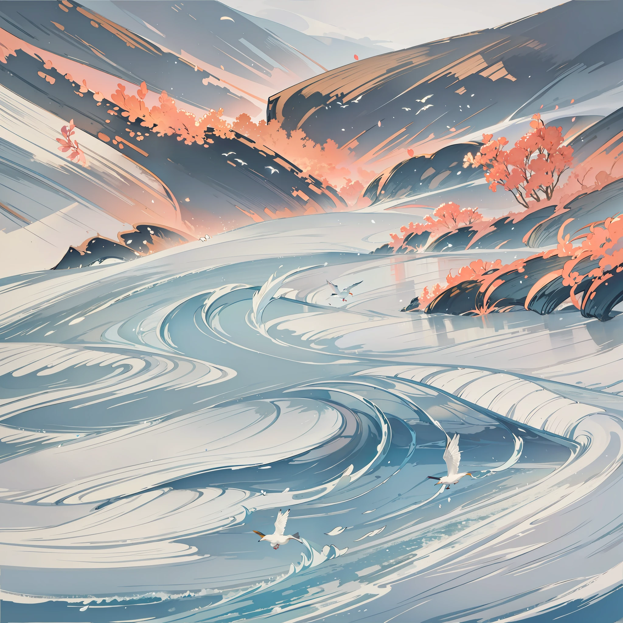 A landscape painting by the river, the water surface is clear, the beach is white, and several white birds circling and flying back in the wind, forming a dynamic curve.