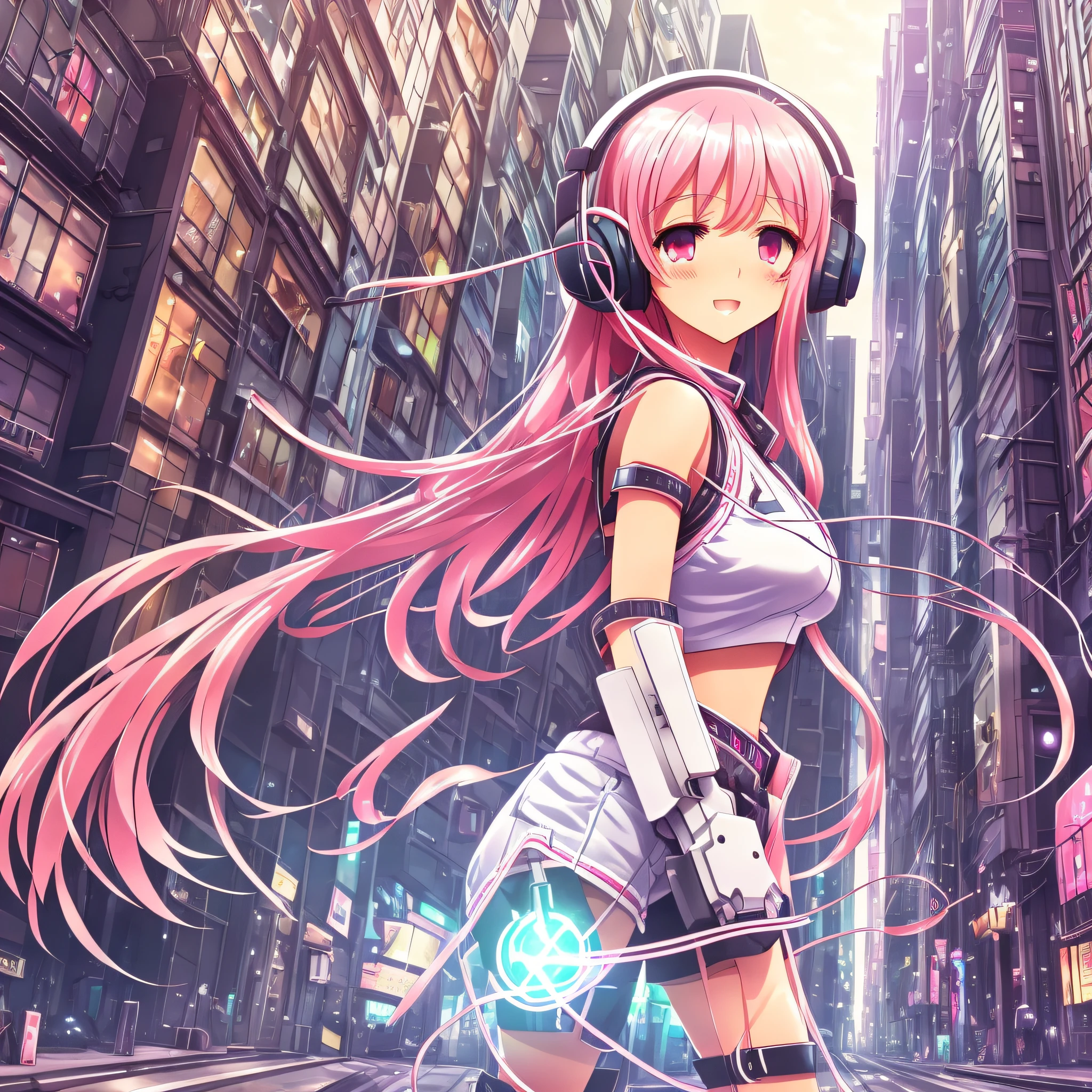 Best quality, ultra HD wallpaper, anime, pretty girl, medium build, light pink long hair, wearing headphones, mecha style, shorts, boots, high-tech city streets --auto --s2