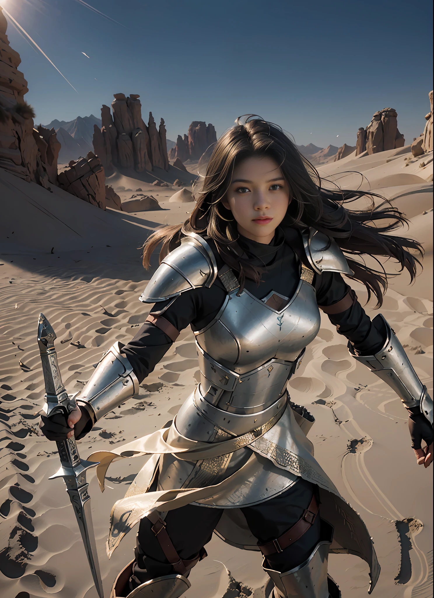 Best image quality, perfect masterpiece, ultra high resolution, 1.4x realism, a girl, cinematic lighting, in the desert, sunny, applying the Tyndall effect, battle scene, a female warrior, wearing Templar armor, silver greatsword, fighting stance, , camel, extreme light and shadow, hair fluttering with the wind.