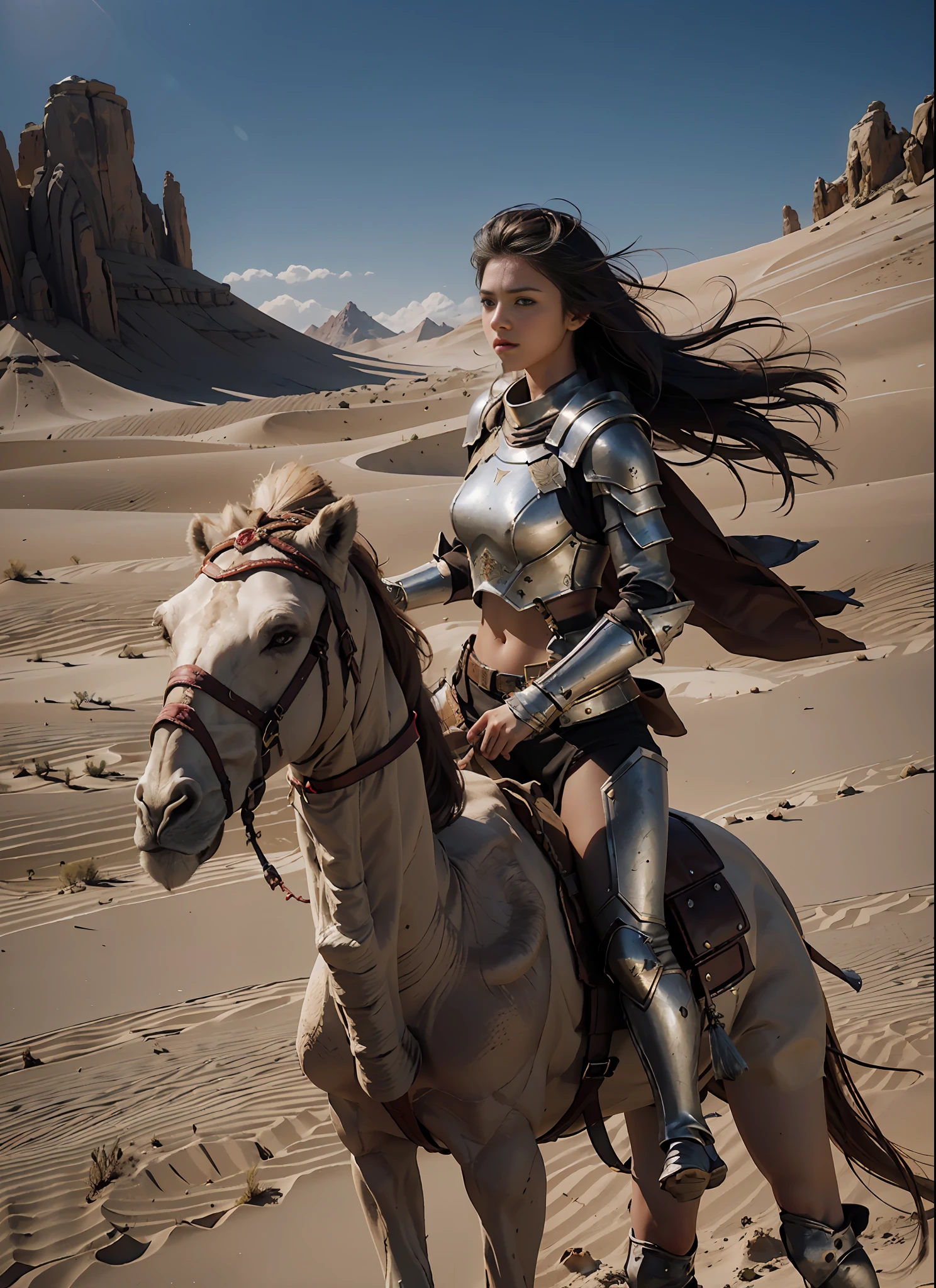 Best image quality, perfect masterpiece, ultra high resolution, 1.4x realism, a girl, cinematic lighting, in the desert, sunny, applying the Tyndall effect, battle scene, a female warrior, wearing Templar armor, silver greatsword, fighting stance, , camel, extreme light and shadow, hair fluttering with the wind.