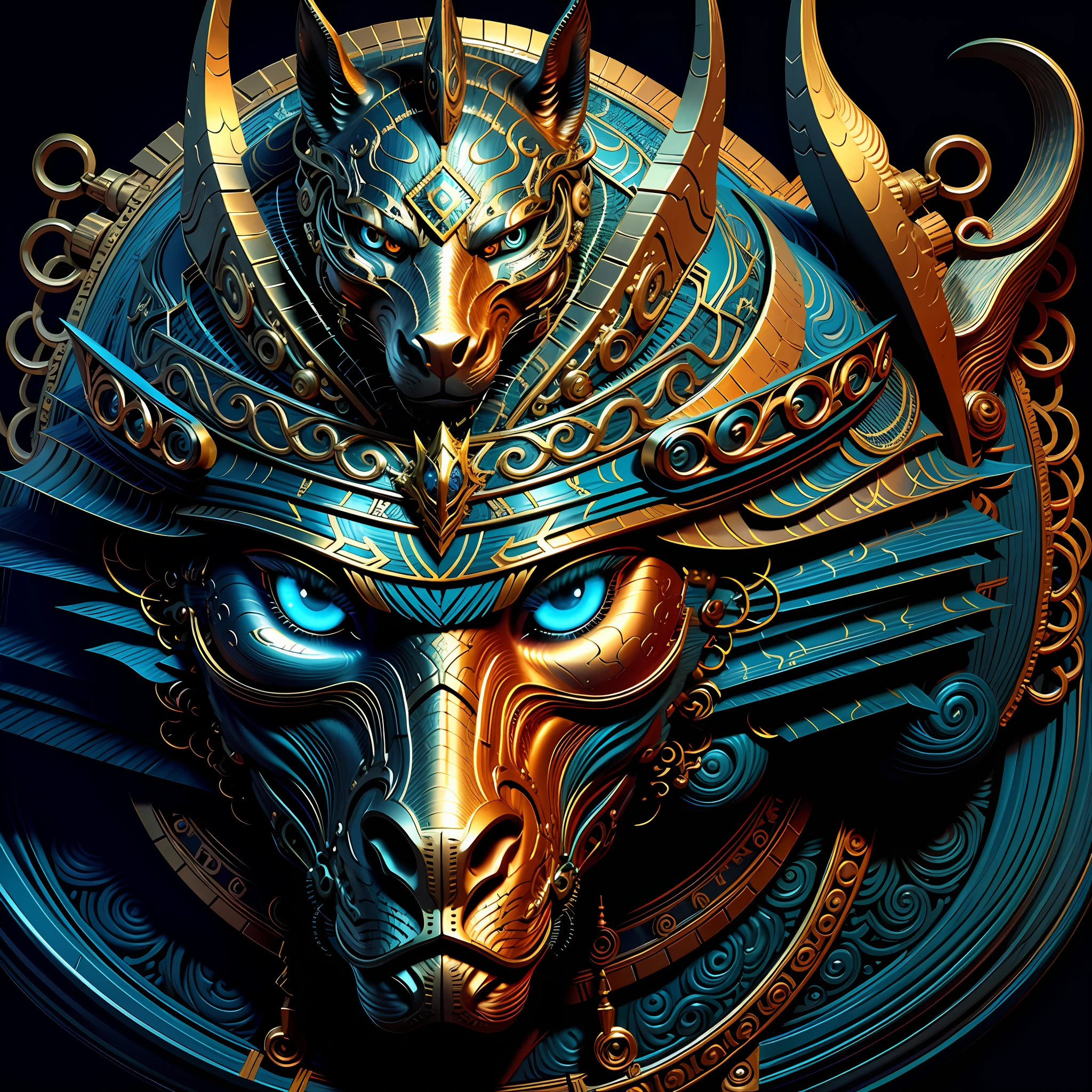 W44p3n of a blue and gold horse with blue eyes in front of black background