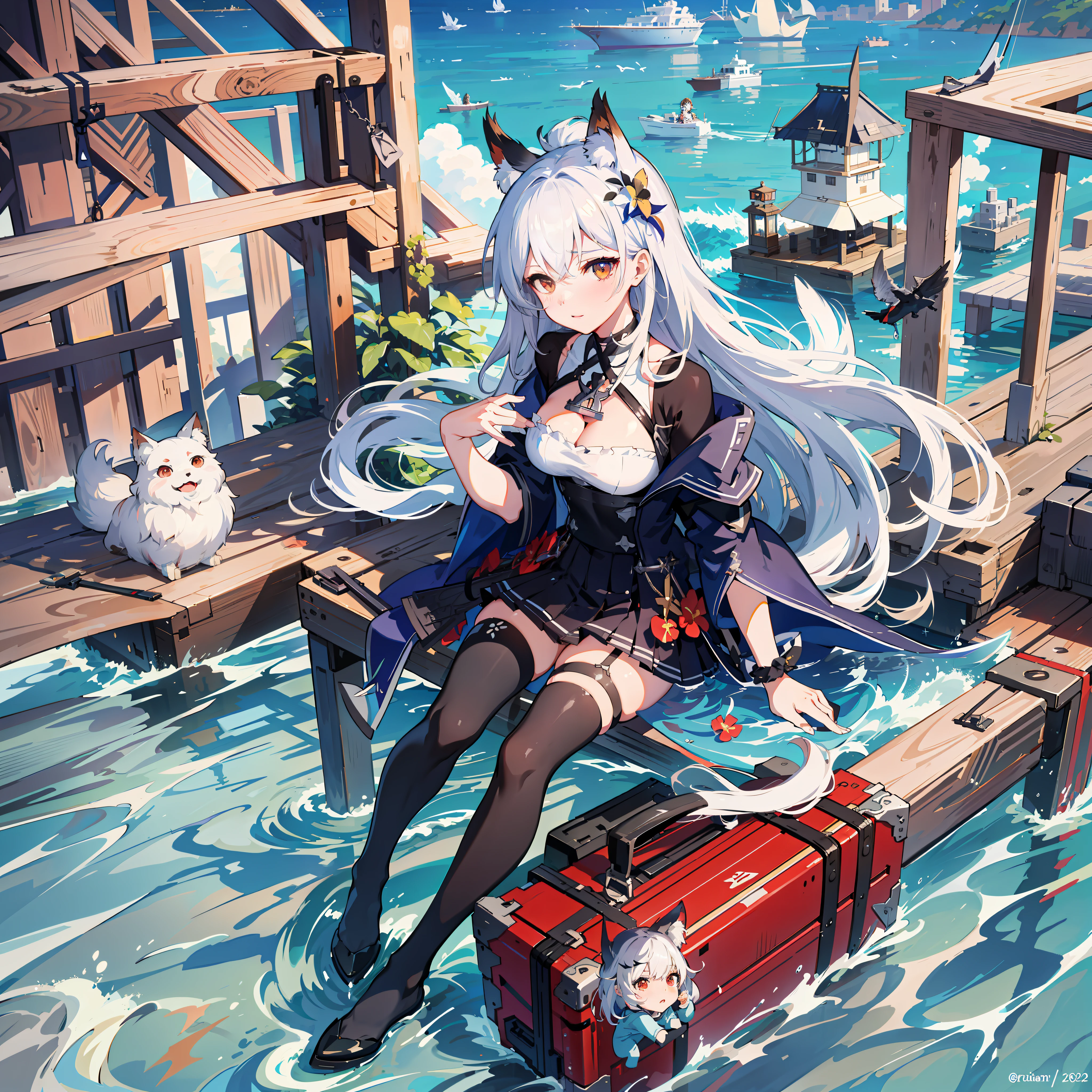 Anime girl sitting on dock, suitcase, from Azur Lane video game, Azur Lane style, trend on ArtStation Pixiv, Cushart Krenz Key Art Feminine, Guweiz on pixiv ArtStation, Splash Art anime , Guweiz on ArtStation Pixiv, from Arknights, official artwork, Azure Lane style, pixiv, ultimate light and shadow, (meticulously portrayed the face)