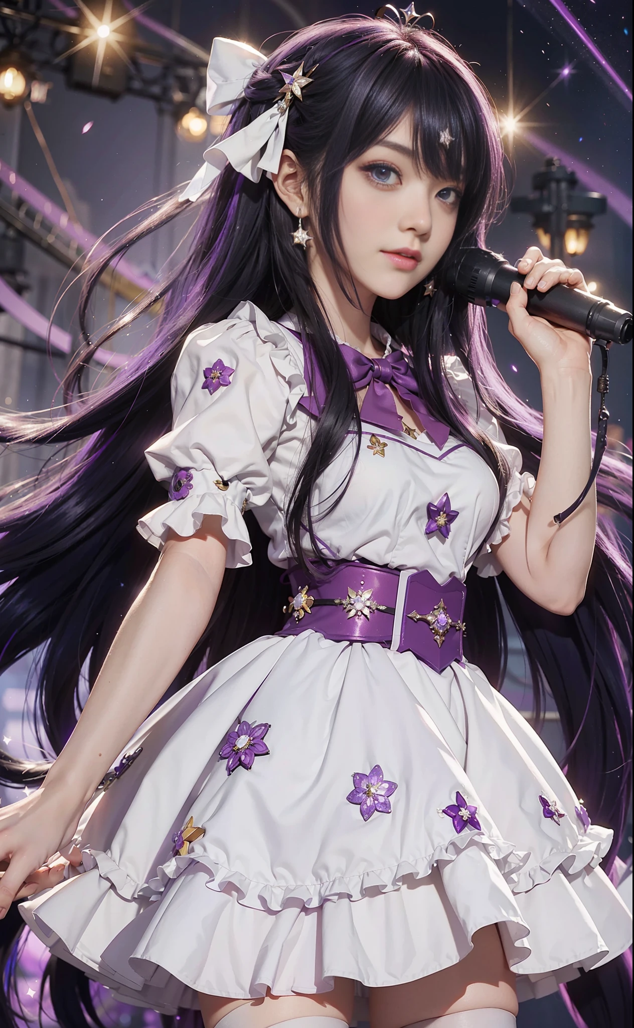 （1 Girl: 0.6) Ai Hoshino, girl with long hair and purple dress holding a magic wand, purple albedo, anime moe art style, (movie quality: 0.3), anime girl, singer, purple eyes, magical girl, zero sauce art, magical girl anime real hou shoujo, white shirt, purple long hair, (bare legs), (stars), (delicate facial features: 0.6), head decoration, (delicate hands: 0.9), white dress, (big eyes: 0.5), singing, smiling, stage lighting, standing, high heels