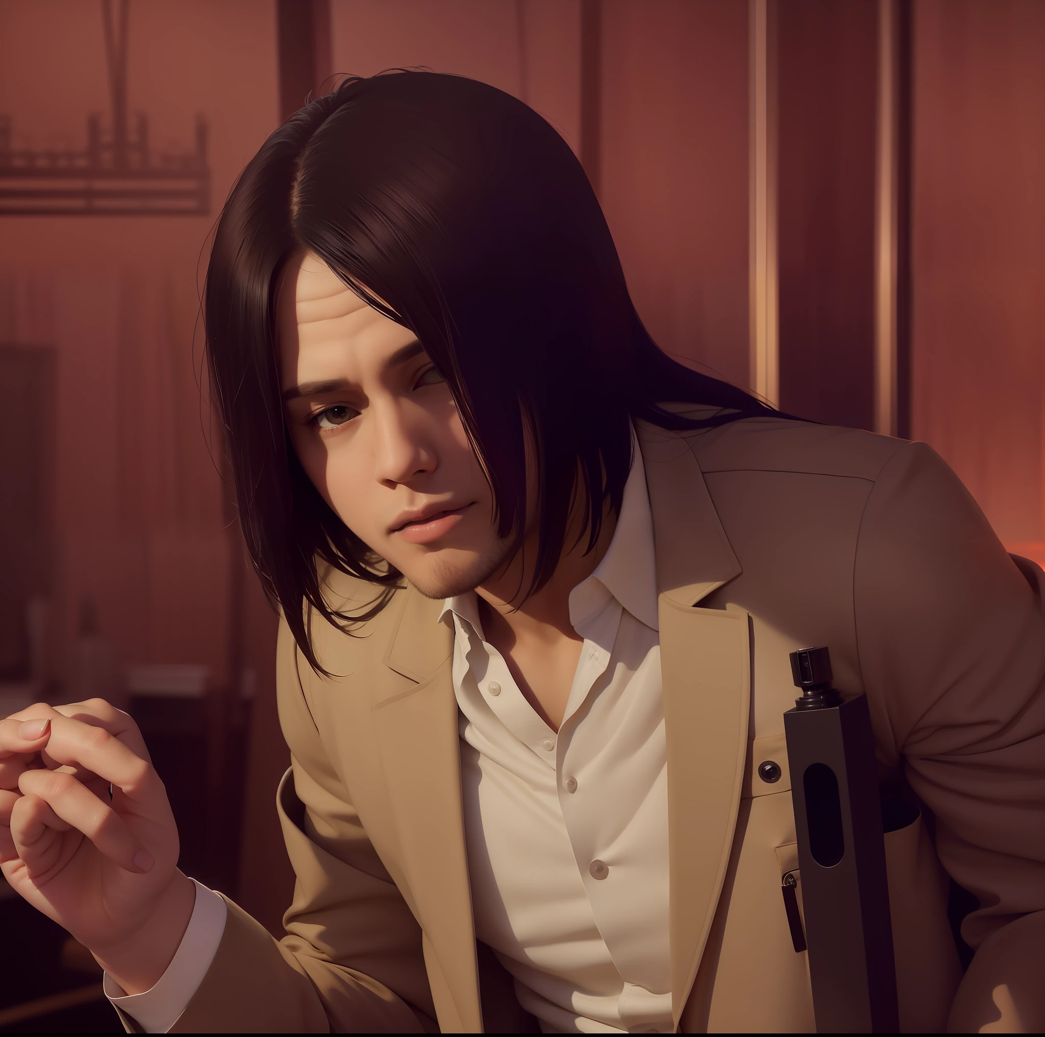 best quality, masterpiece, (realistic: 1.2), 1 man, Eren Jaeger, real life, live action, black jeans, black pants, brown hair, attack on Titan, long hair, abs, muscles, shirtless, sunset background, fitness, fit body, slim body, high definition, high quality, gigachad