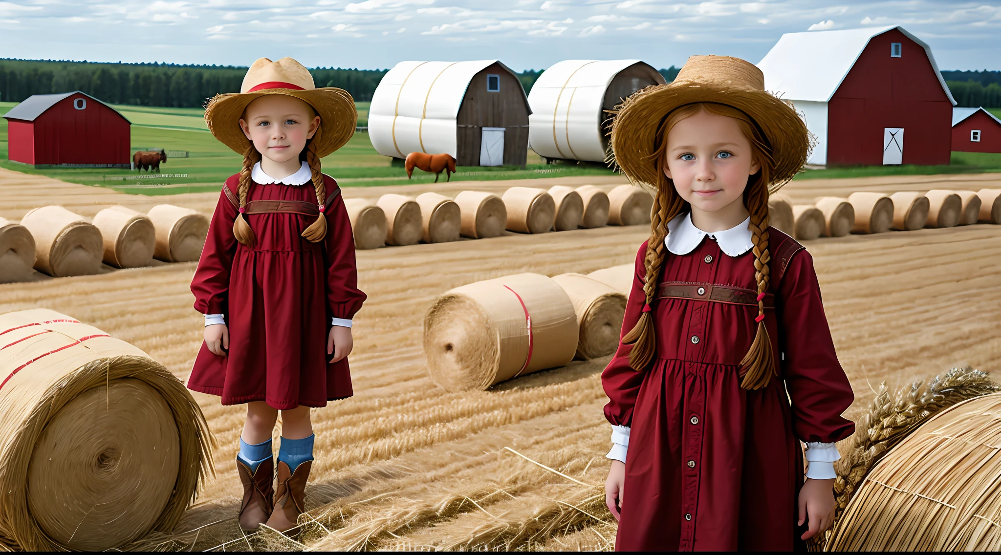 Russian style,  girl, portrait, long red hair of braids with hat, farmer style, with rolls of hay and wheat and horse, barns.