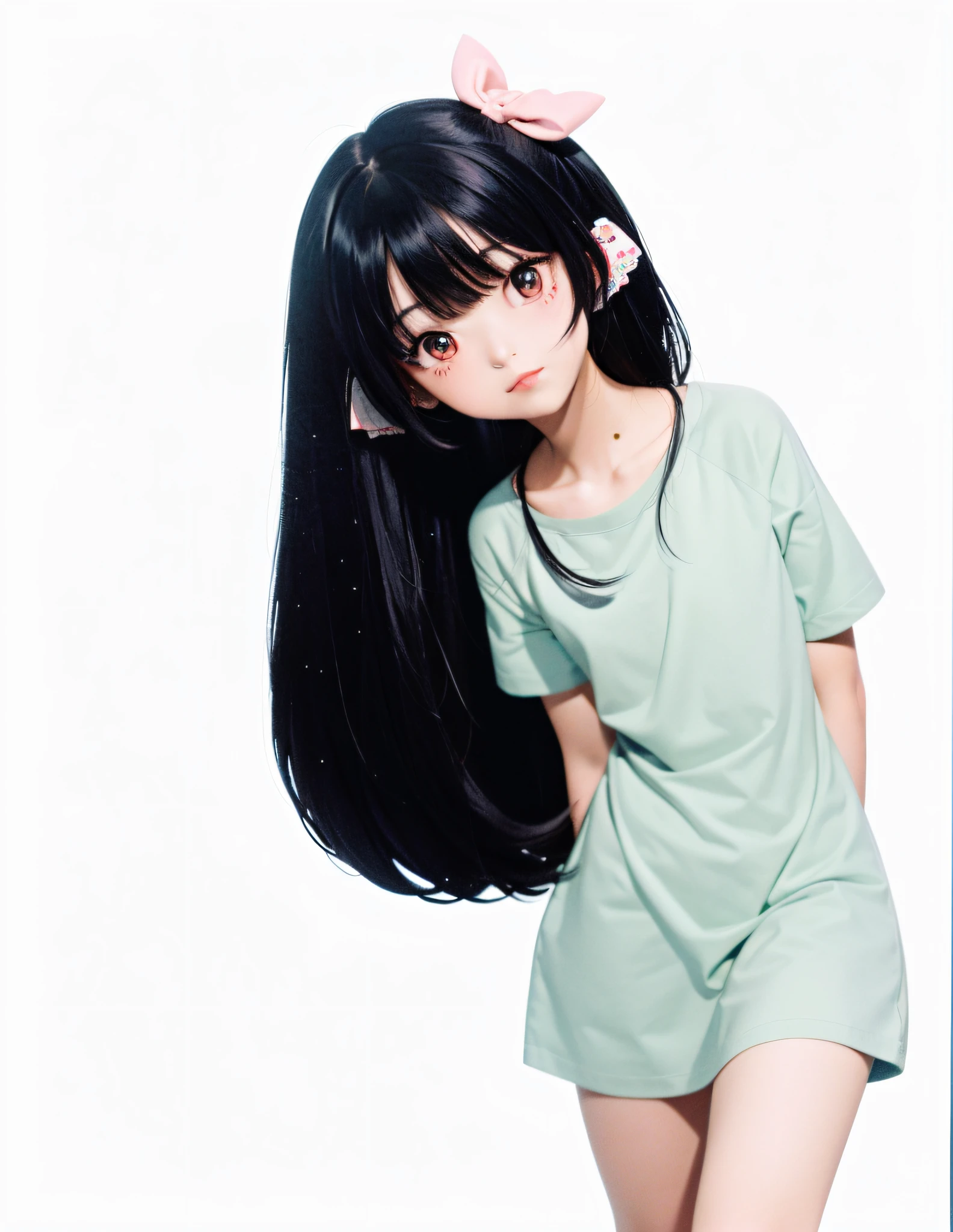 A painting of a girl with black hair and a pink bow, a girl with black hair, a girl with long hair, she has black hair, anime girl with long hair, straight black hair, long black hair, anime style, black hair and big eyes, long black hair, she has black hair bangs, anime style, long black hair, faint smile