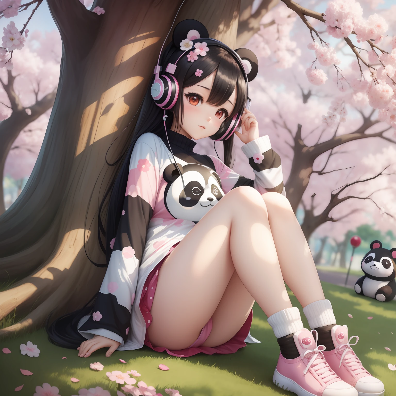 artwork create a panda in mangá Harajuku style listening to music under a cherry tree 4k --auto --s2