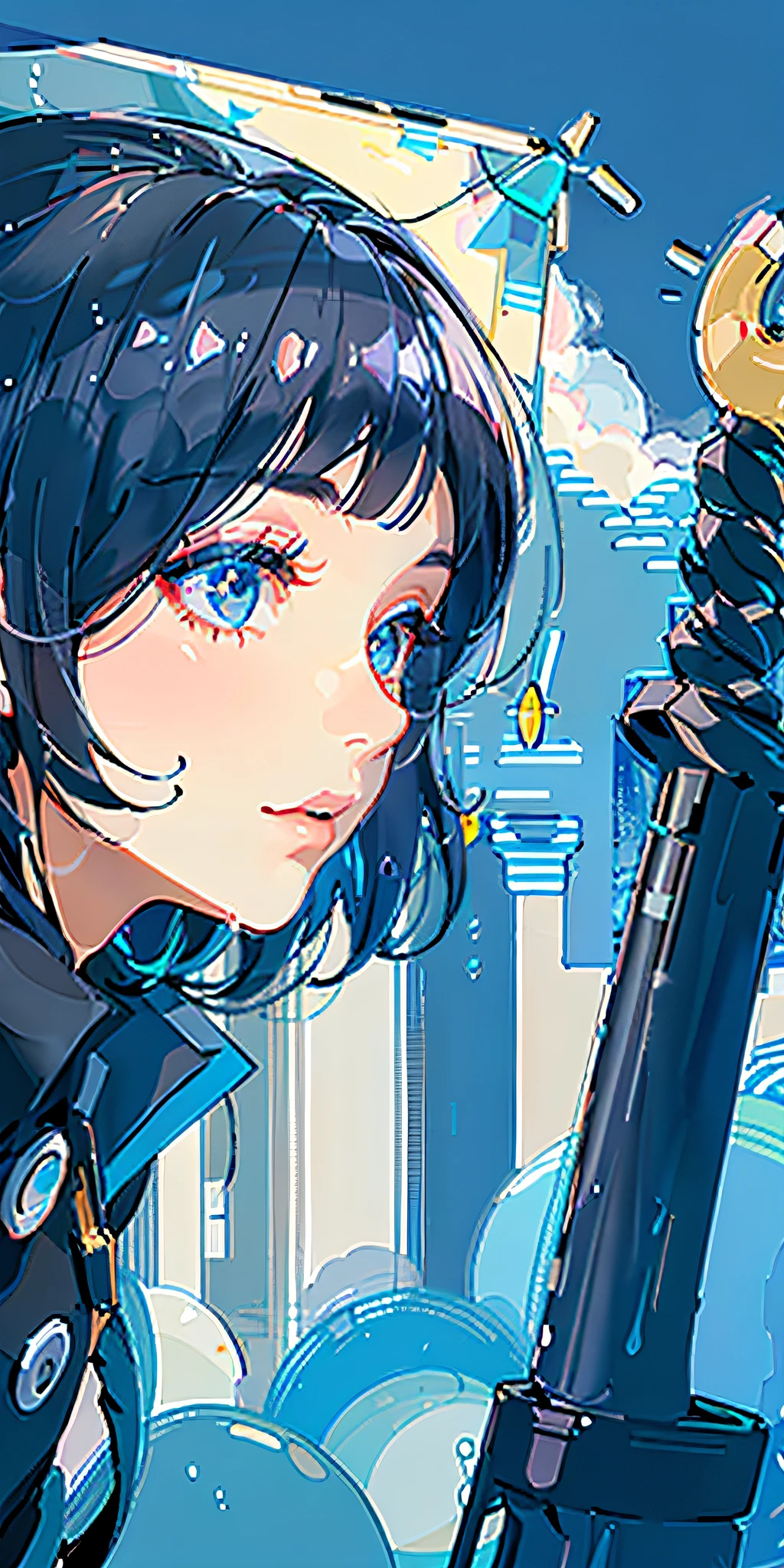masterpiece, delicate face, detail, high resolution, umbrella, rain, woman, black hair, ponytail, uniform, cloudy weather, water drops, sparkles, central figure, navy blue umbrella