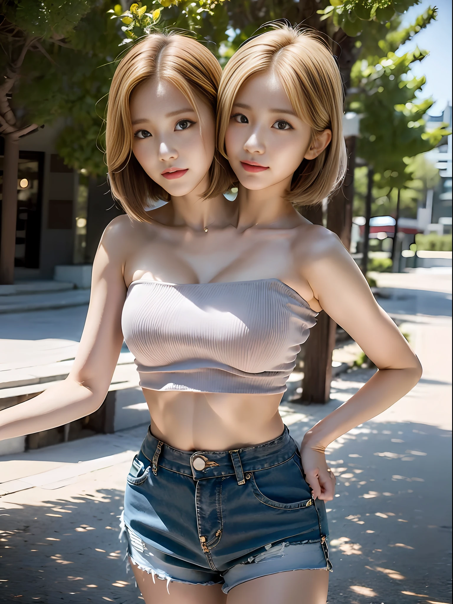 halfbody shot, (2heads:1.4),  1koreangirl posing for camera, different hair color, brown hair, blonde hair, short hair, different hairstyles,croptop,  high-waist shorts, outdoor setting background