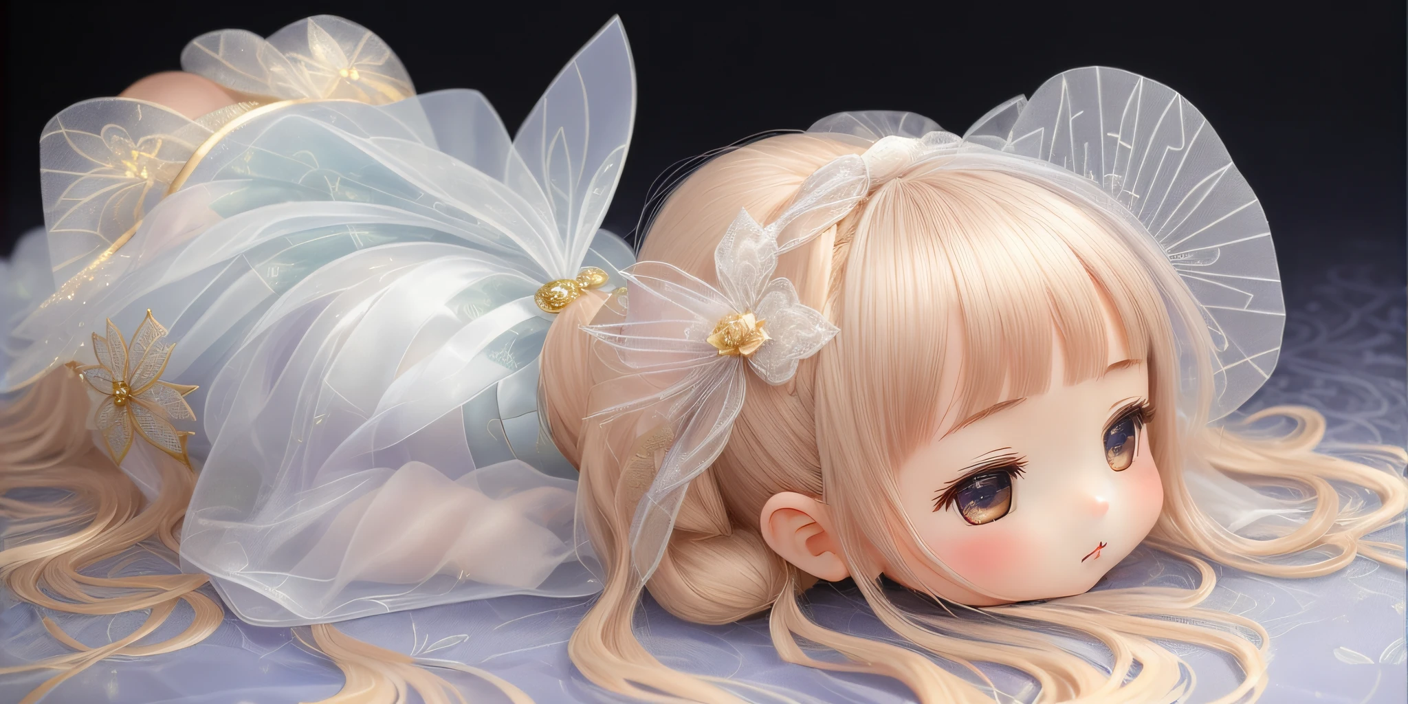 there is a doll laying on a bed with a blue dress, splash art anime loli, artwork in the style of guweiz, soft anime illustration, guweiz on pixiv artstation, guweiz, kawaii realistic portrait, guweiz on artstation pixiv, smooth anime cg art, guweiz masterpiece, anime visual of a cute girl