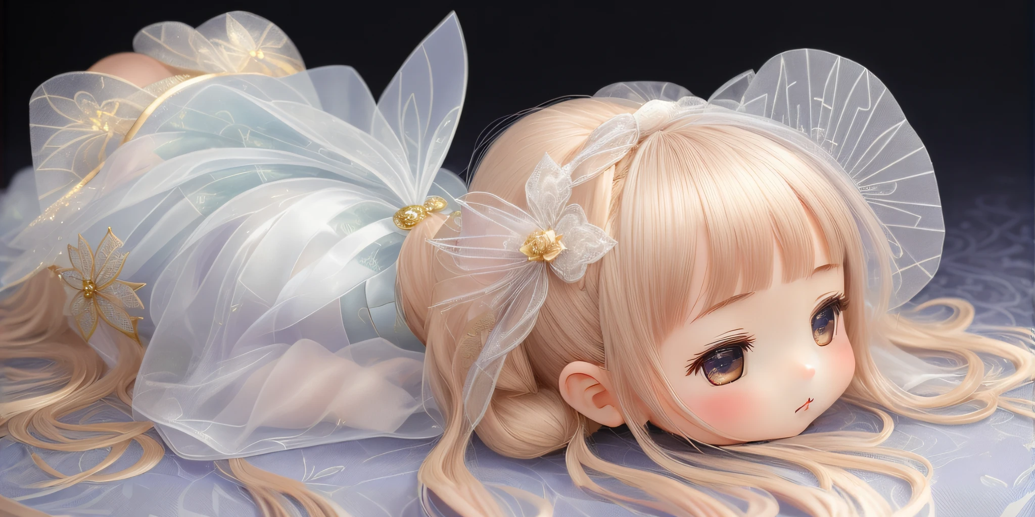 there is a doll laying on a bed with a blue dress, splash art anime loli, artwork in the style of guweiz, soft anime illustration, guweiz on pixiv artstation, guweiz, kawaii realistic portrait, guweiz on artstation pixiv, smooth anime cg art, guweiz masterpiece, anime visual of a cute girl