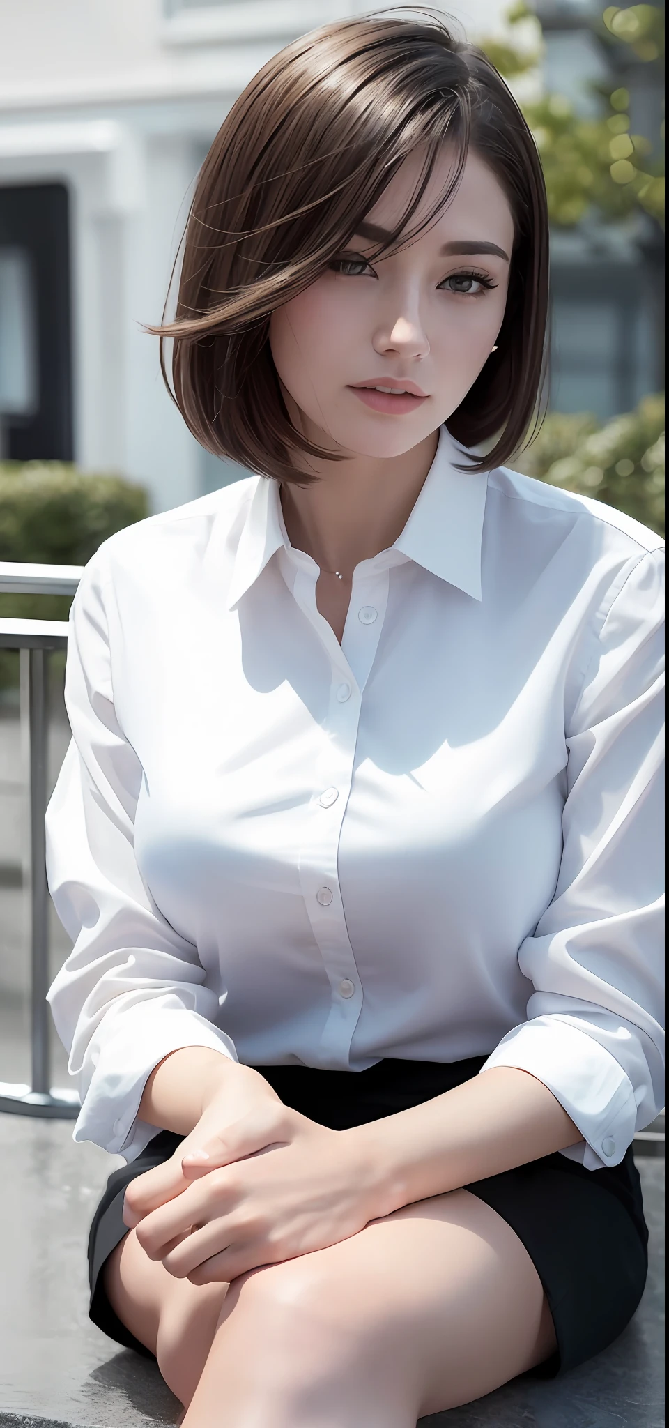 (8k, best quality, masterpiece:1.2), (realistic, photo-realistic:1.37), ultra-detailed, 1 girl, cute, solo, beautiful detailed sky, detailed cafe, night, sitting, dating, (nose blush), (smile:1.15), (closed mouth) small breasts, beautiful detailed eyes, (collared shirt:1.1), night, wet, business attire, rain, white lace, (short hair:1.2), floating hair NovaFrogStyle, topless,