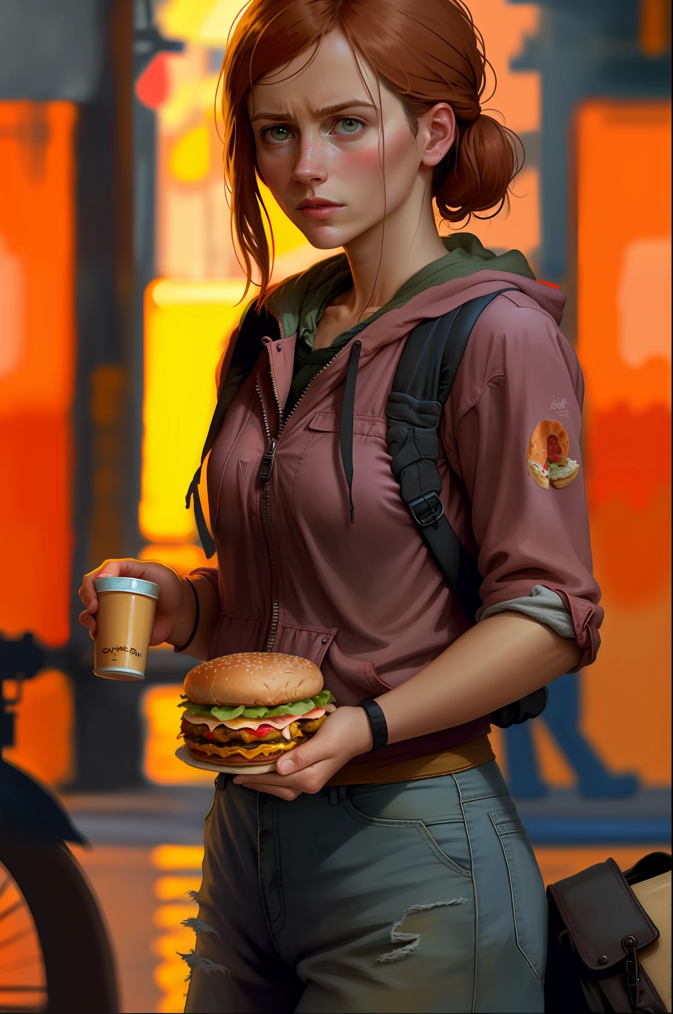 ellie, woman , street photography, cinematic, ((photorealistic,hyperrealistic, RAW)), soft light, holding a cheeseburger