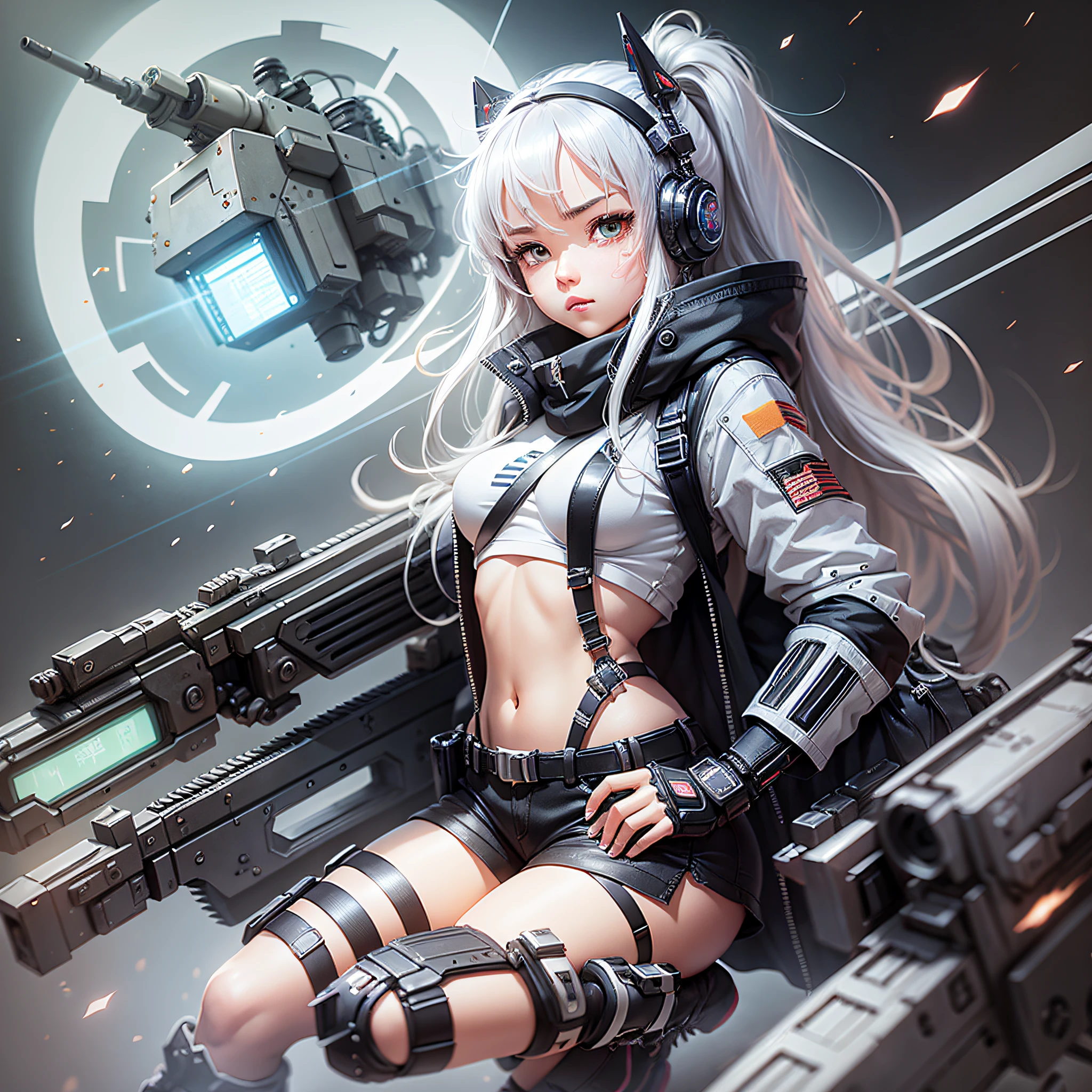 High quality, wallpaper, mecha style girl, black shorts, thigh straps, machine gun in hand, silver-white fluttering hair, boots --auto --s2