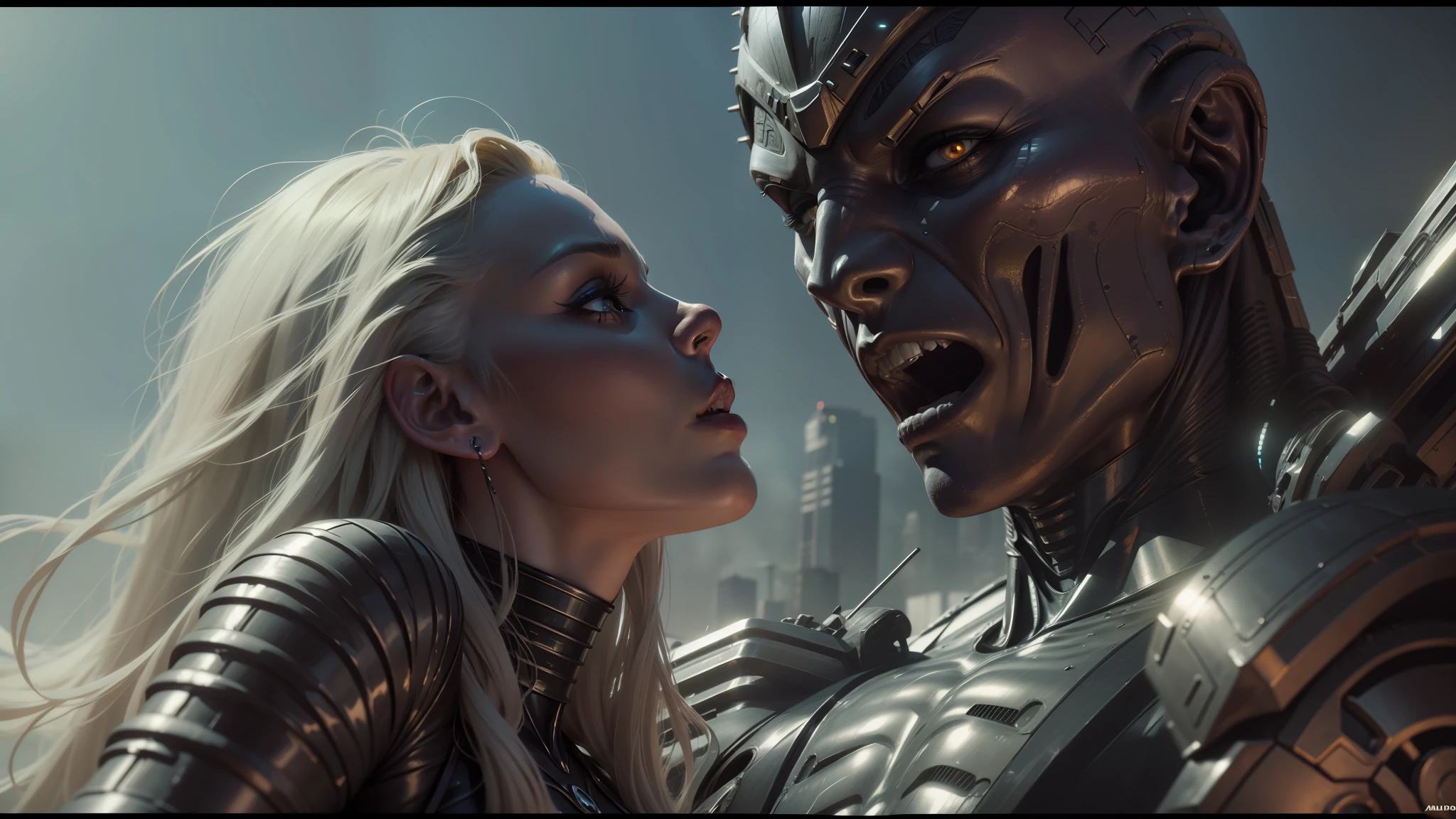 a woman standing next to a man in a body suit, still from a music video, movie still of aztec cyborg, die antwoord music video, movie still of a alien cyborg, unreal engine : : rave makeup, enormous chrome man, movie still of a villain cyborg, alex grey and romero ressendi, kylie minogue as barbarella, metal hurlant --auto --s2