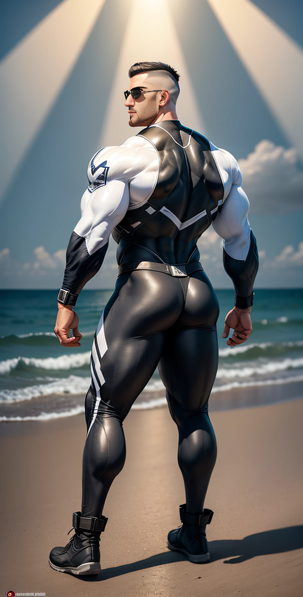 Arad man in white and black clothes standing on the sunny beach, with his back to the camera, American round head, Buzz cut, hips, tall and burly, muscular male hero, heroic male pose, muscular! Wearing black sunglasses, spandex tight high elastic bodysuit, symmetrical floral design, super buff and cool, high resolution committee, character design police, black military boots, attractive strong male with spandex tight high elastic bodysuit, weaving hot sunlight on the body