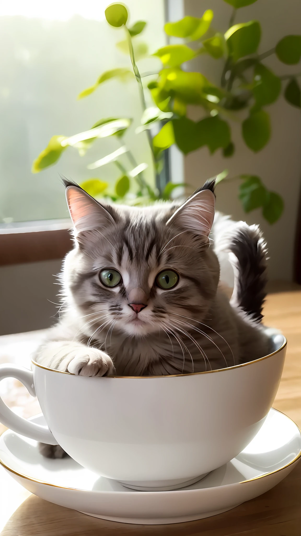 Cat, (Himalayan), (Small)))), in a teacup, Face, Front paws out, 8K, Professional photo, Delicate, Clear, On the table, Inside the house, Sunshine, Light Leak, Masterpiece, ((Pretty))), Fashionable Teacup, (Reality), Plush Toy, Round Pupils