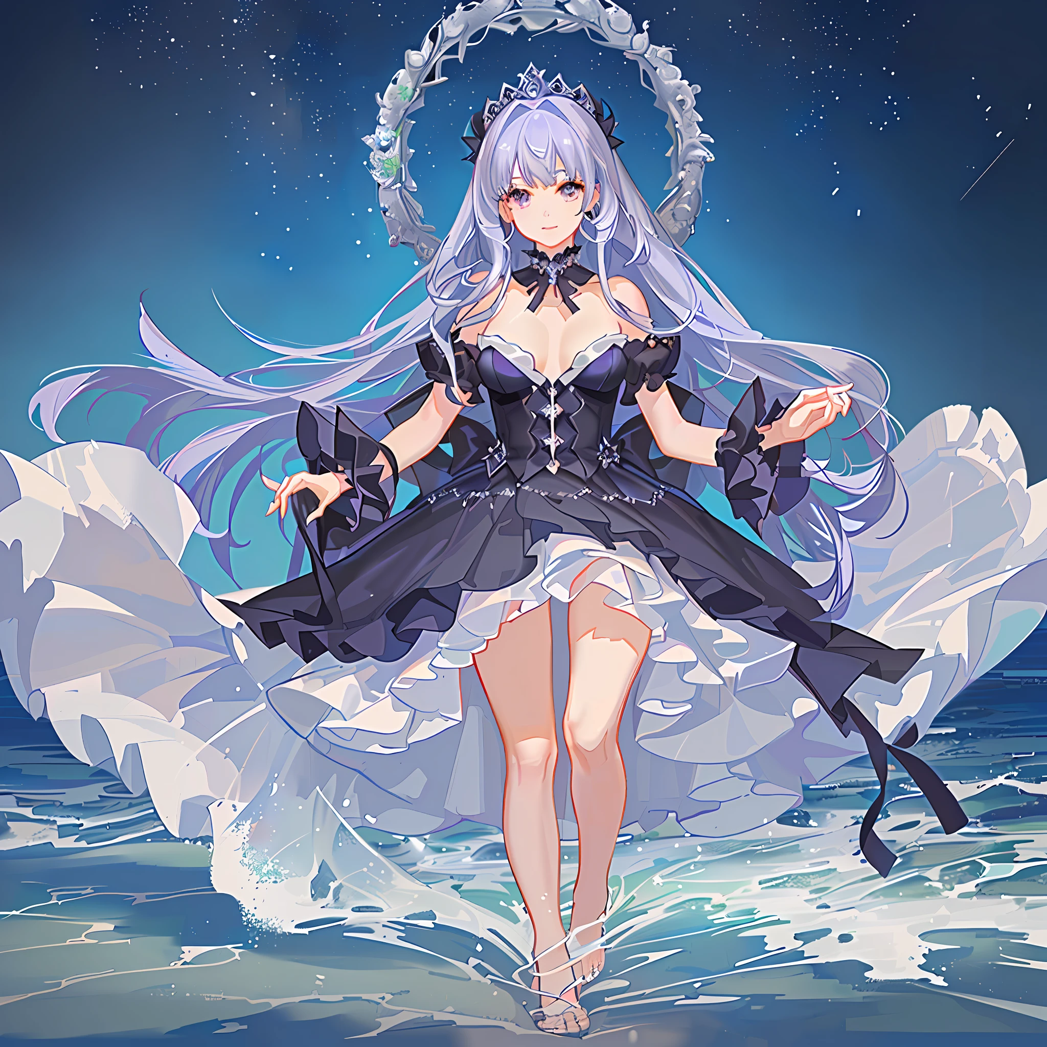 From the water goddess, stand in the water, wear a purple and black dress., the whole body, a lot of details in water, ultra details im water, 8k, masterpiece