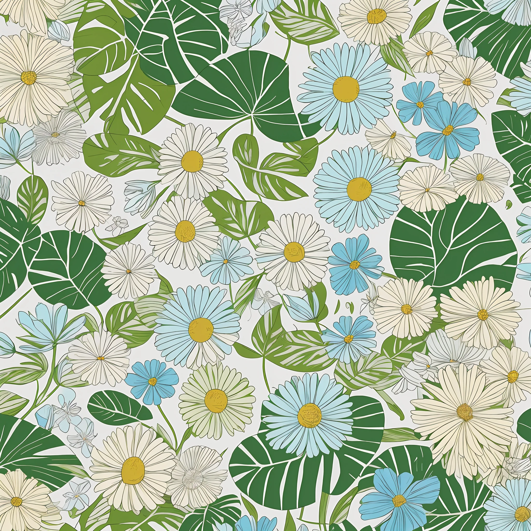 flat illustration, size 16:9, spring flowers with leaves, white background, design for towel fabric --auto --s2